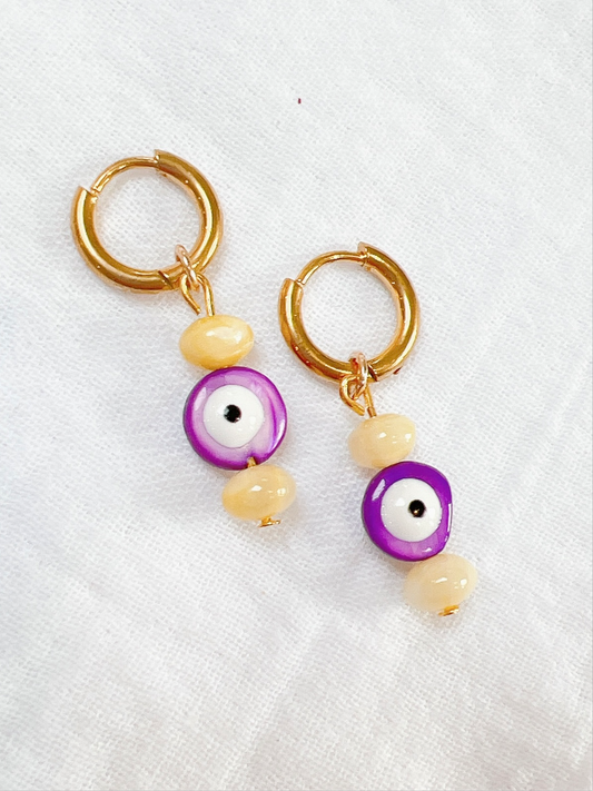 “Googly Eye” - Yellow and Purple on Gold Huggie Hoops