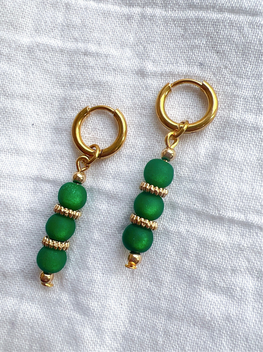 “Gracie” - Emerald Green Beaded Drop Earrings On a Gold Hoop