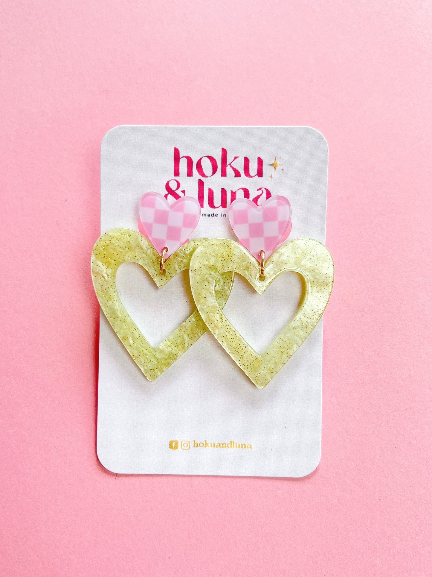 Bold Hearts - Lime and Pink Checker Heart Earrings