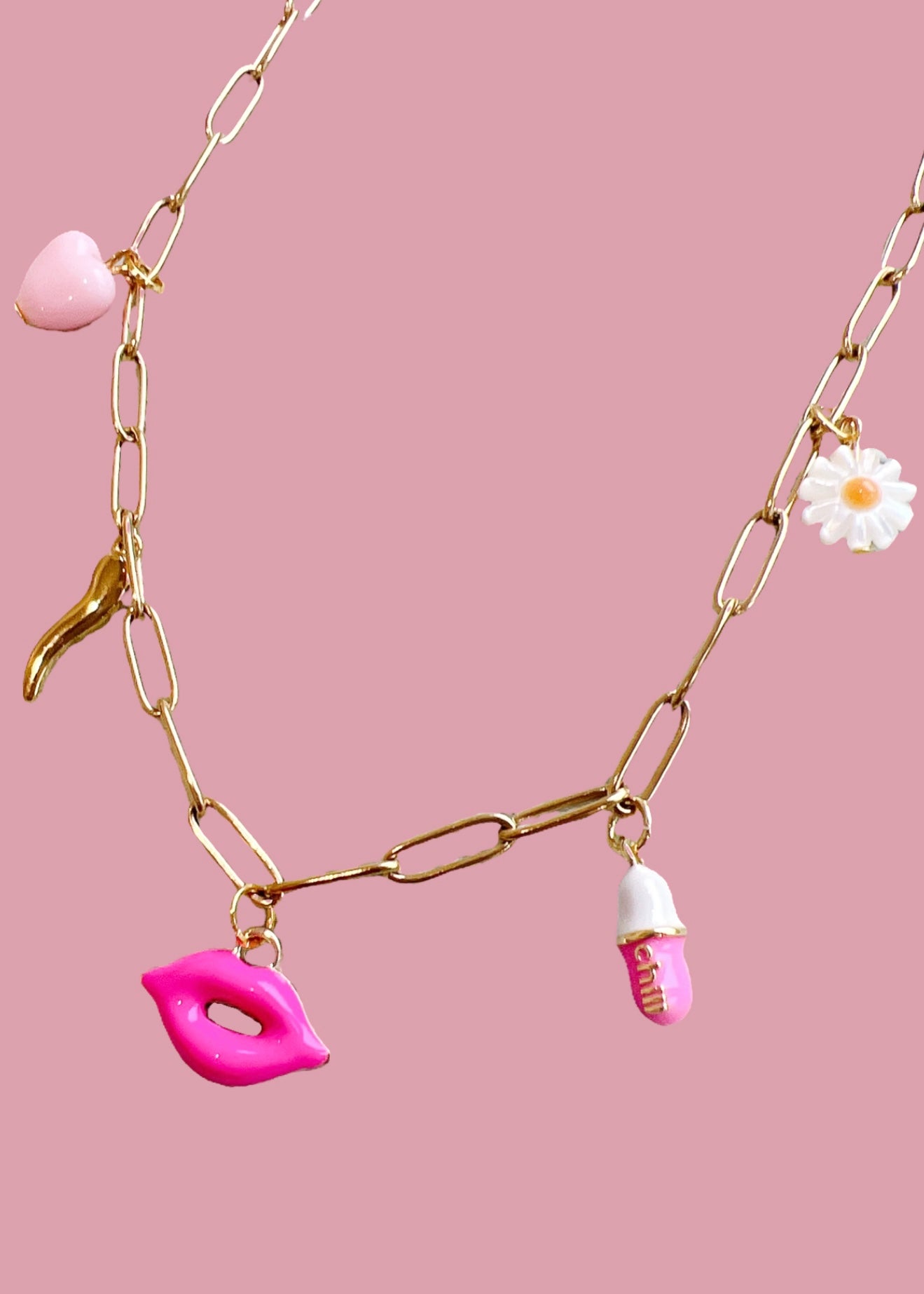 Charm Necklace - Pink Chill Pill in Gold