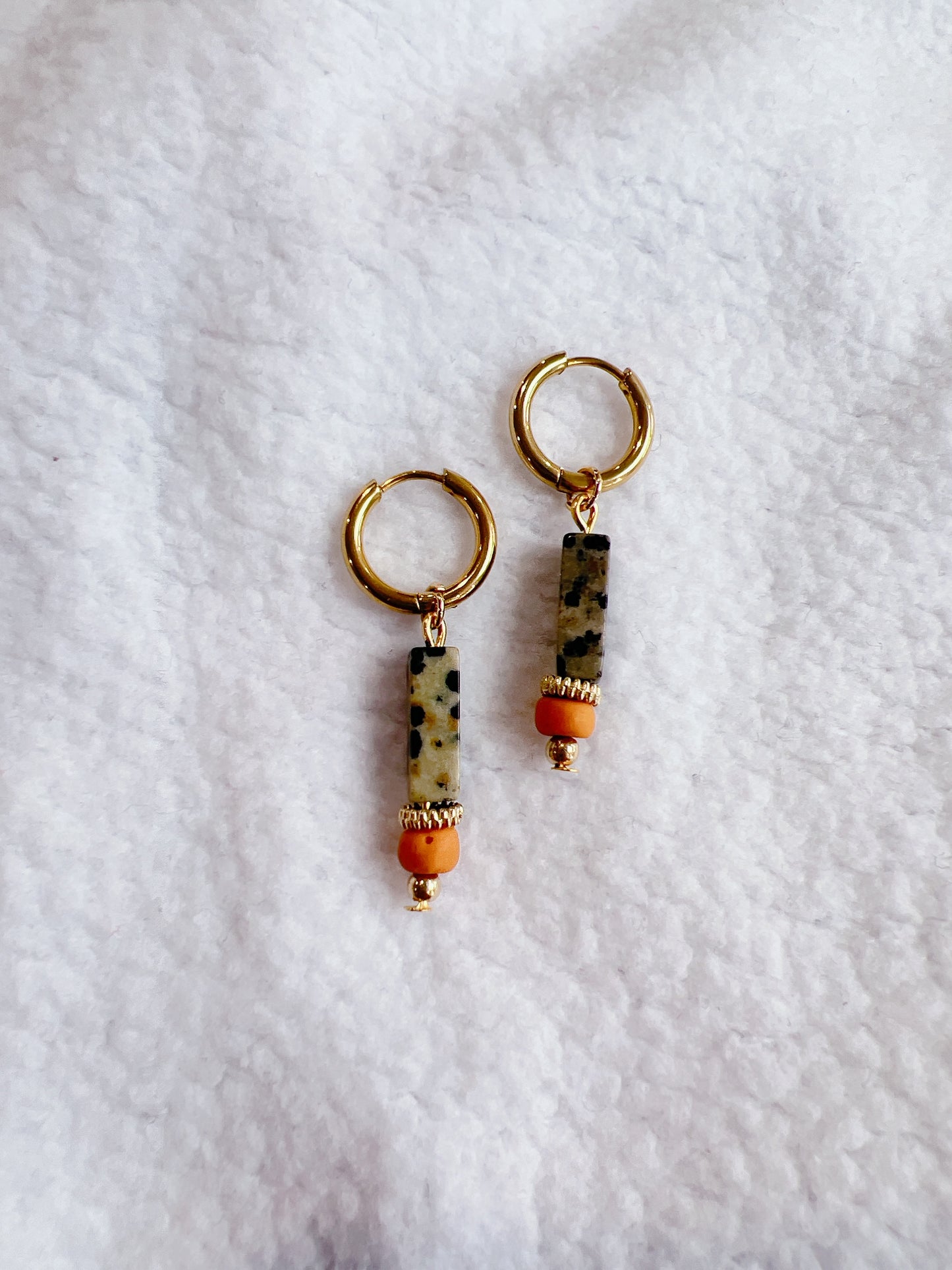 Dalmatian Jasper Natural Stone on Gold Hoop Earrings