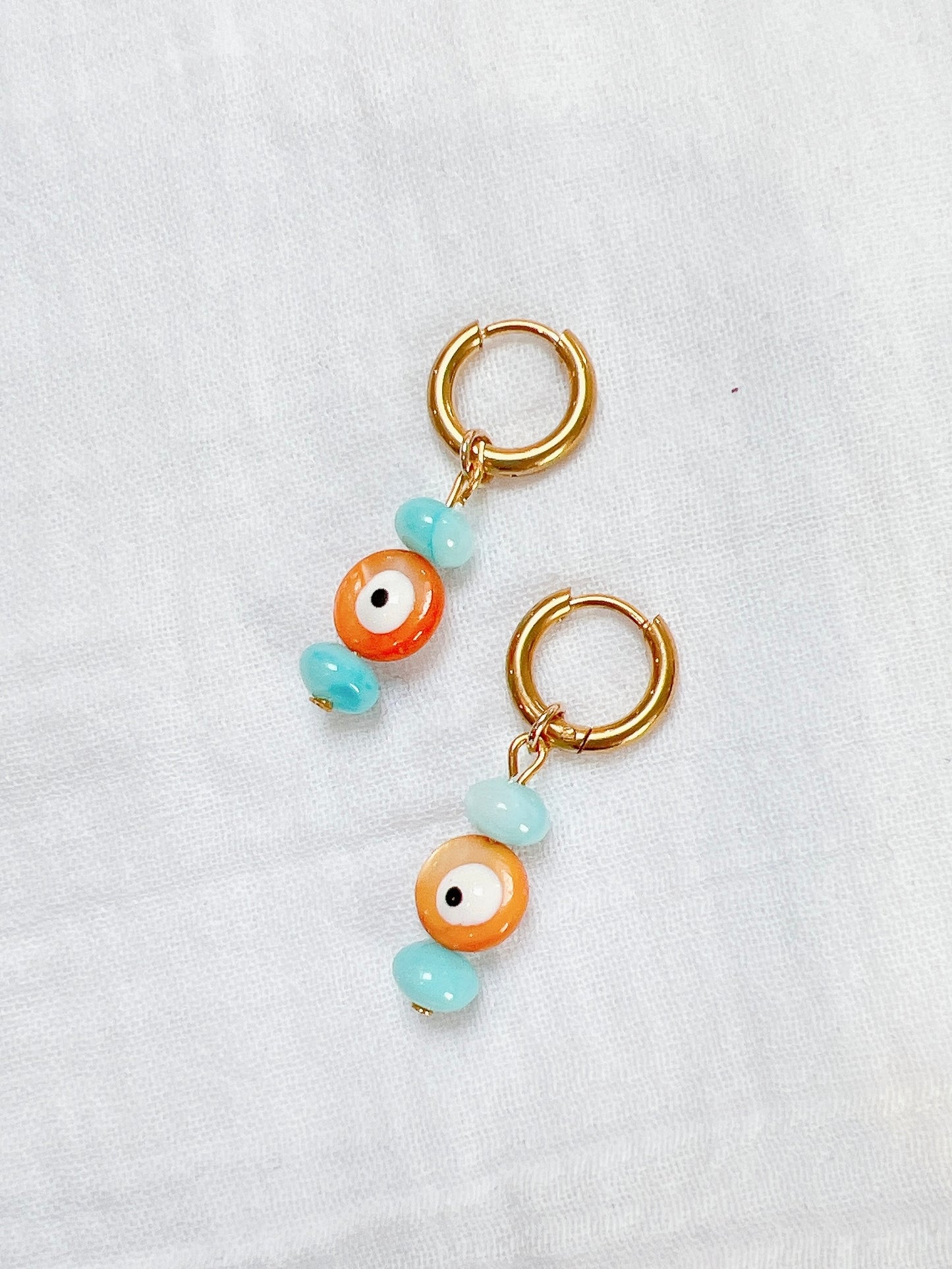 “Googly Eye” - Turquoise and Orange on Gold Huggie Hoops