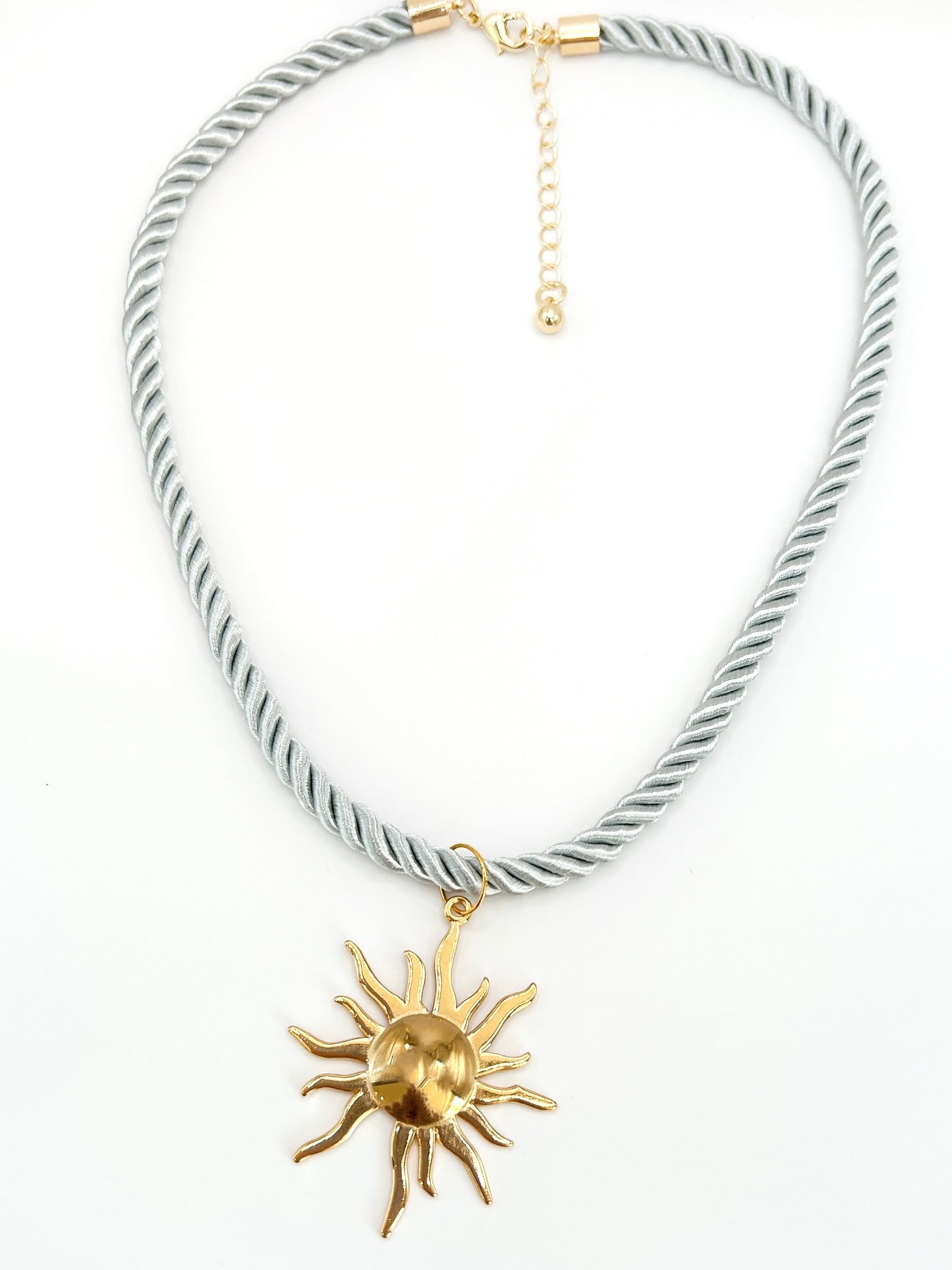 “Luxe Twist” - Cotton Silk Rope Necklace in Grey with Stainless Steel Sun Charm