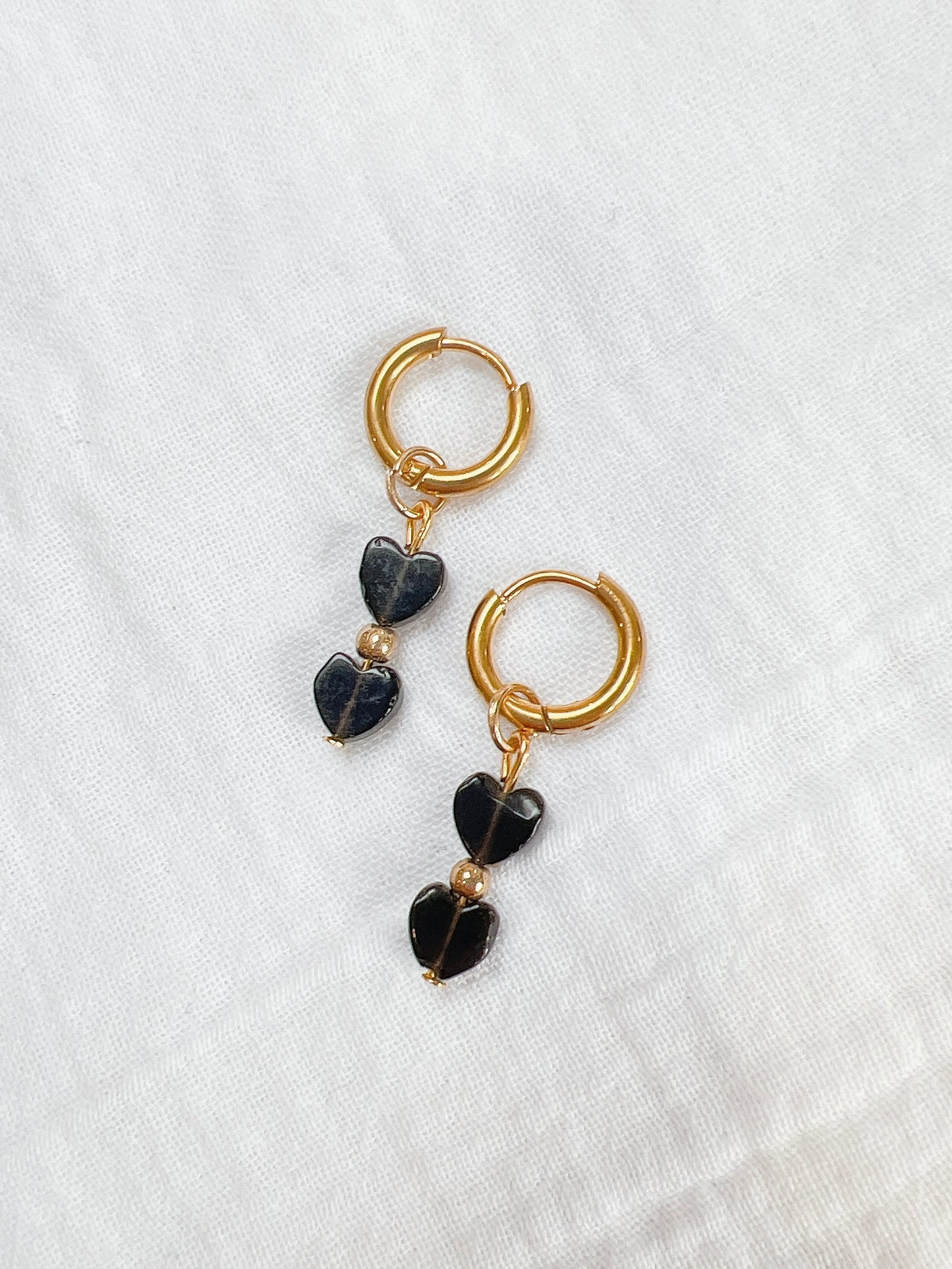 “Double Heart” - Black Obsidian Hearts on Gold Huggie Hoops