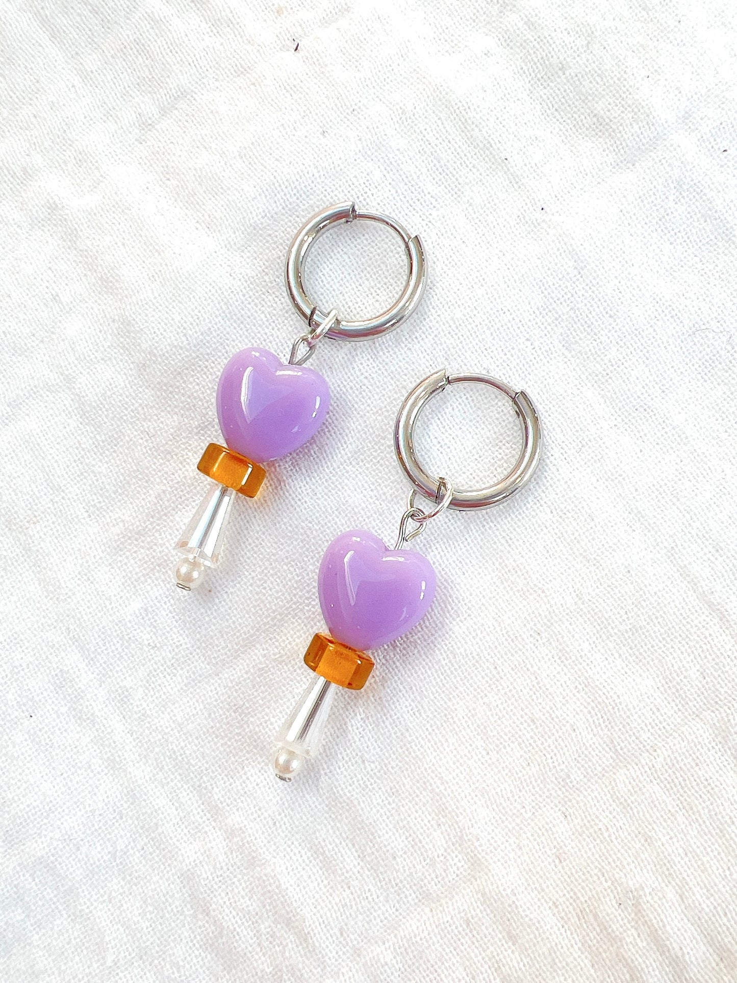 “Candy Pop” Lilac Hearts - Silver Hoops