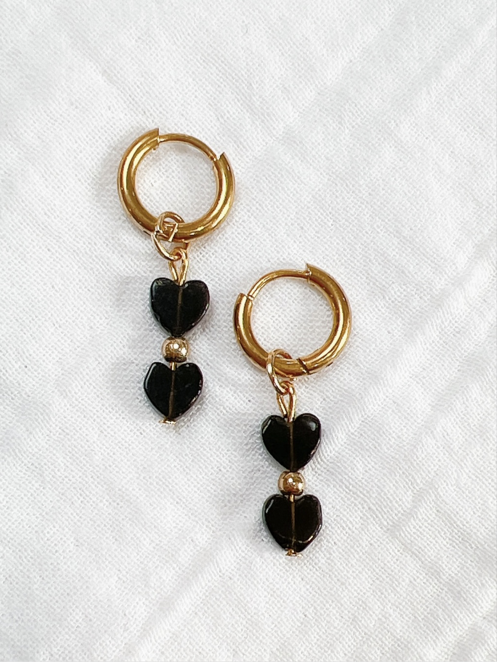 “Double Heart” - Black Obsidian Hearts on Gold Huggie Hoops