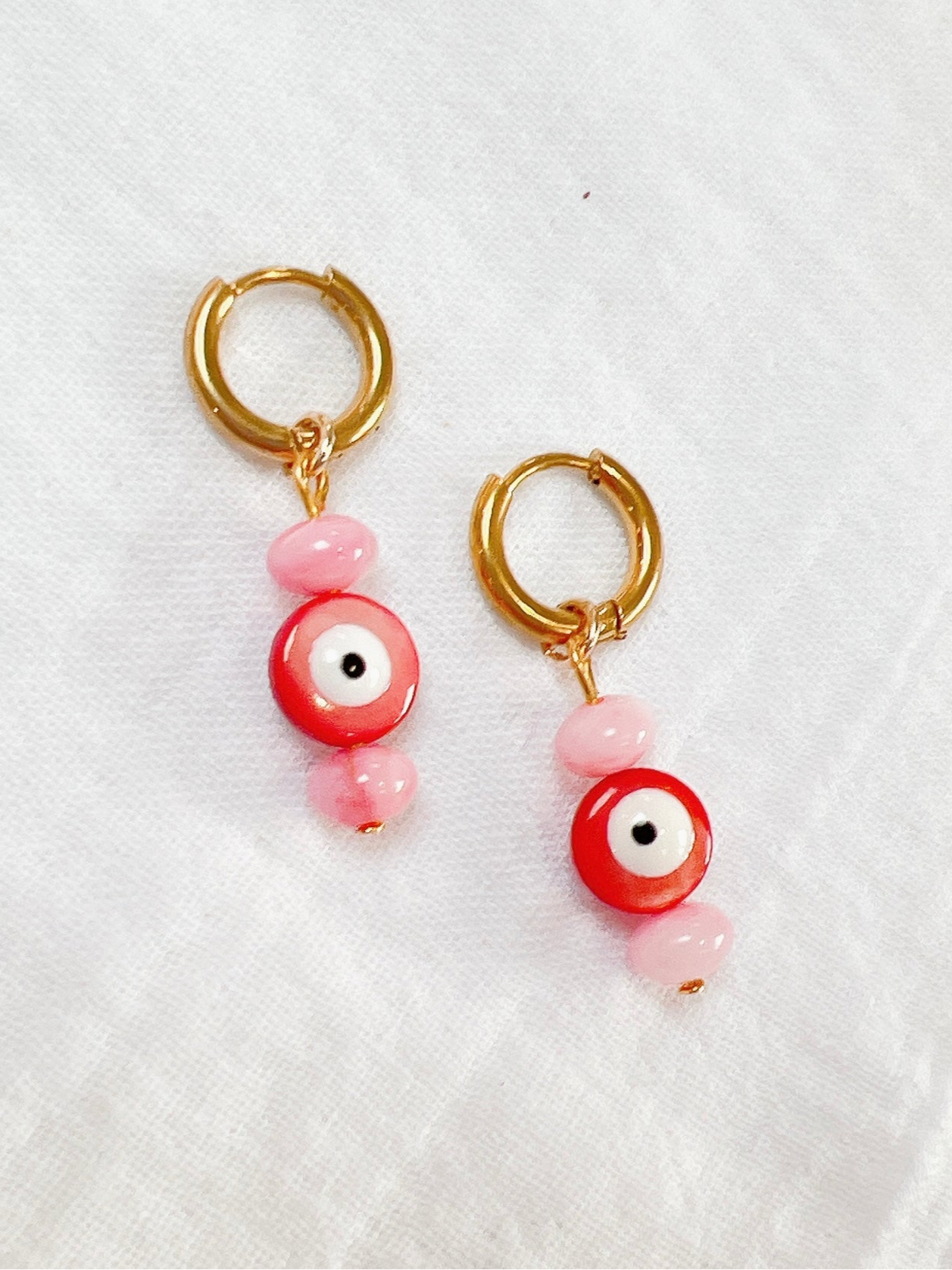 “Googly Eye” - Pink and Red, on Gold Huggie Hoops