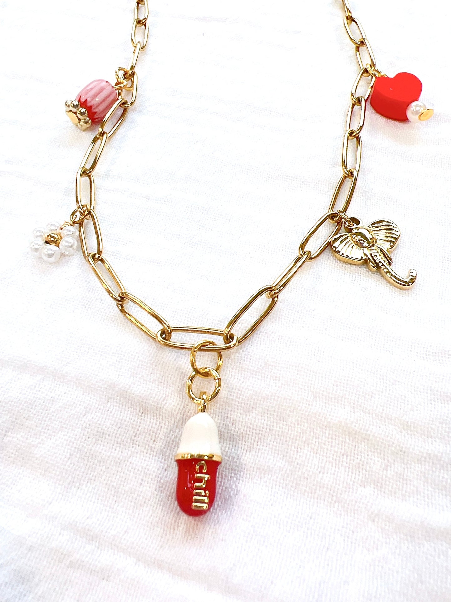 Charm Necklace - Red Chill Pill in Gold