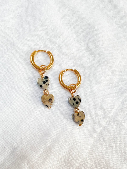 “Double Heart” - Dalmatian Jasper Hearts on Gold Huggie Hoops