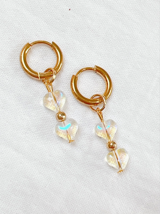 “Double Heart” - Iridescent Hearts on Gold Huggie Hoops