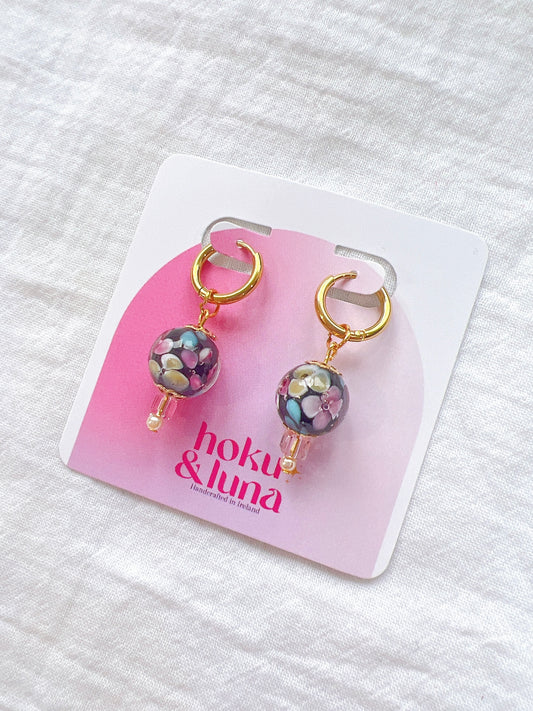 “Femme Dark” - Floral Glass Charm on Huggie Hoops