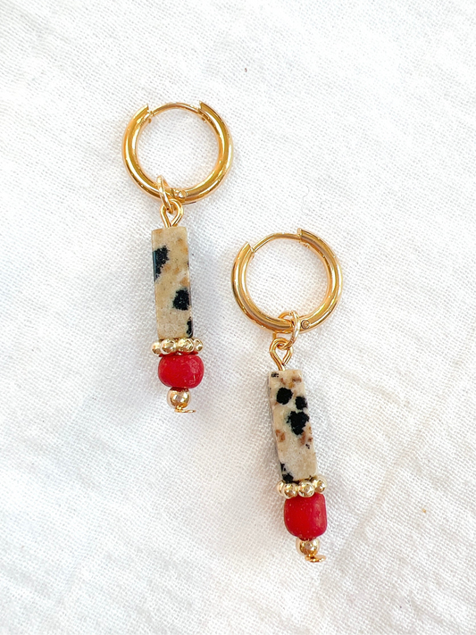 Dalmatian Jasper Natural Stone on Gold Hoop Earrings