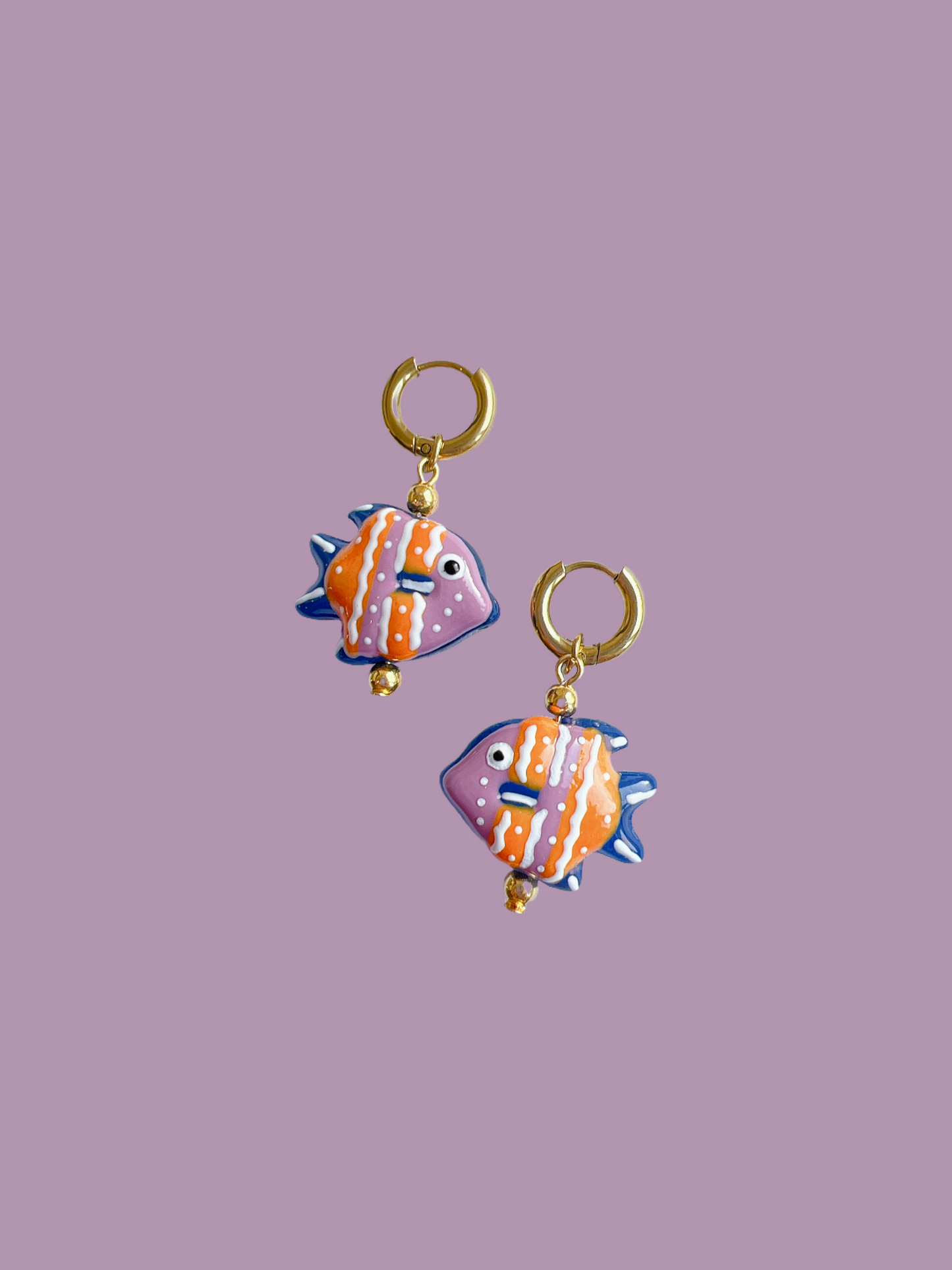 “Something Fishy” - Fish Earrings in Pink and Blue in a Gold Huggie Hoop