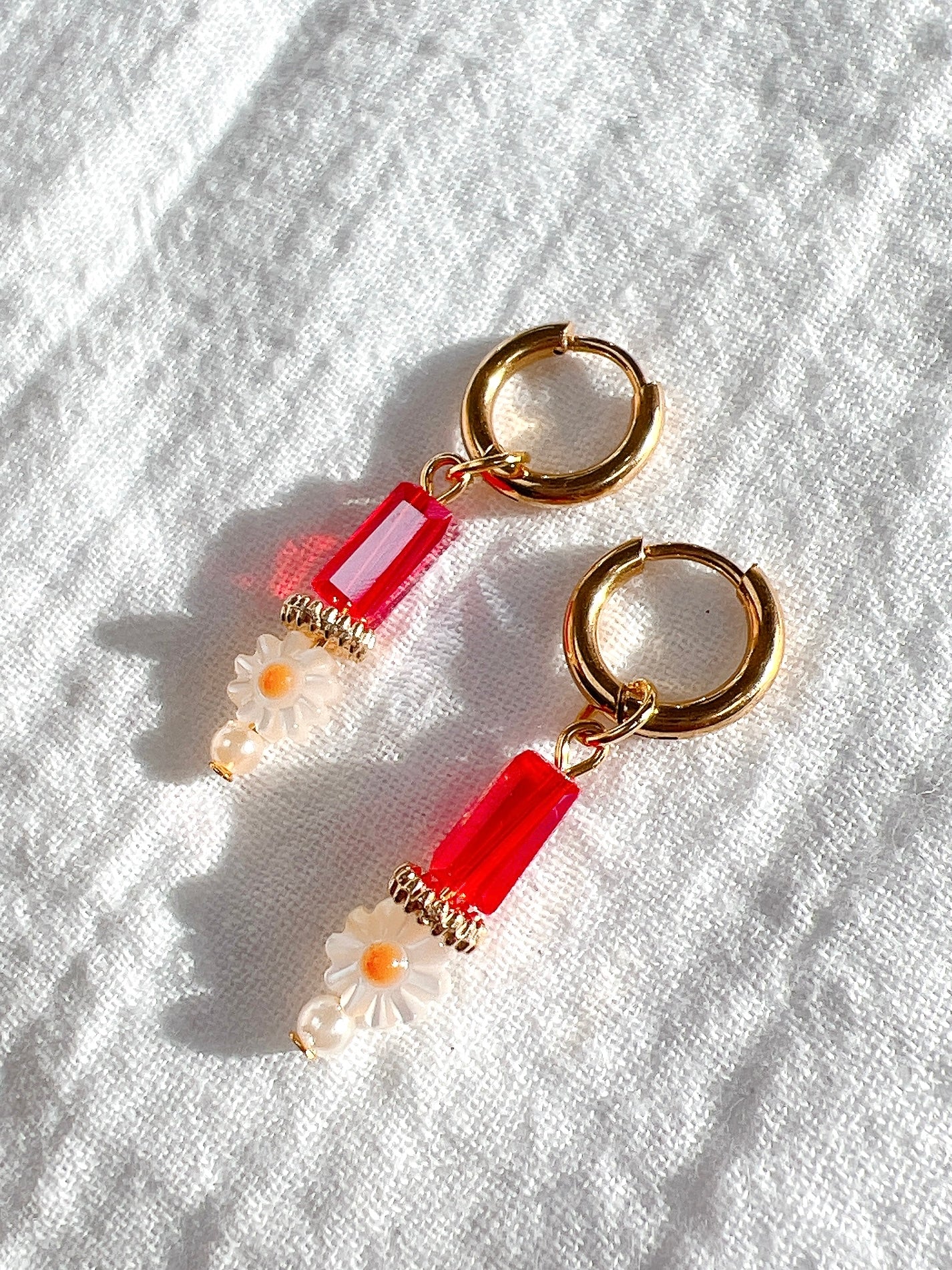 “Dinky Daisy” - Tiny Red Glass Drops in Gold