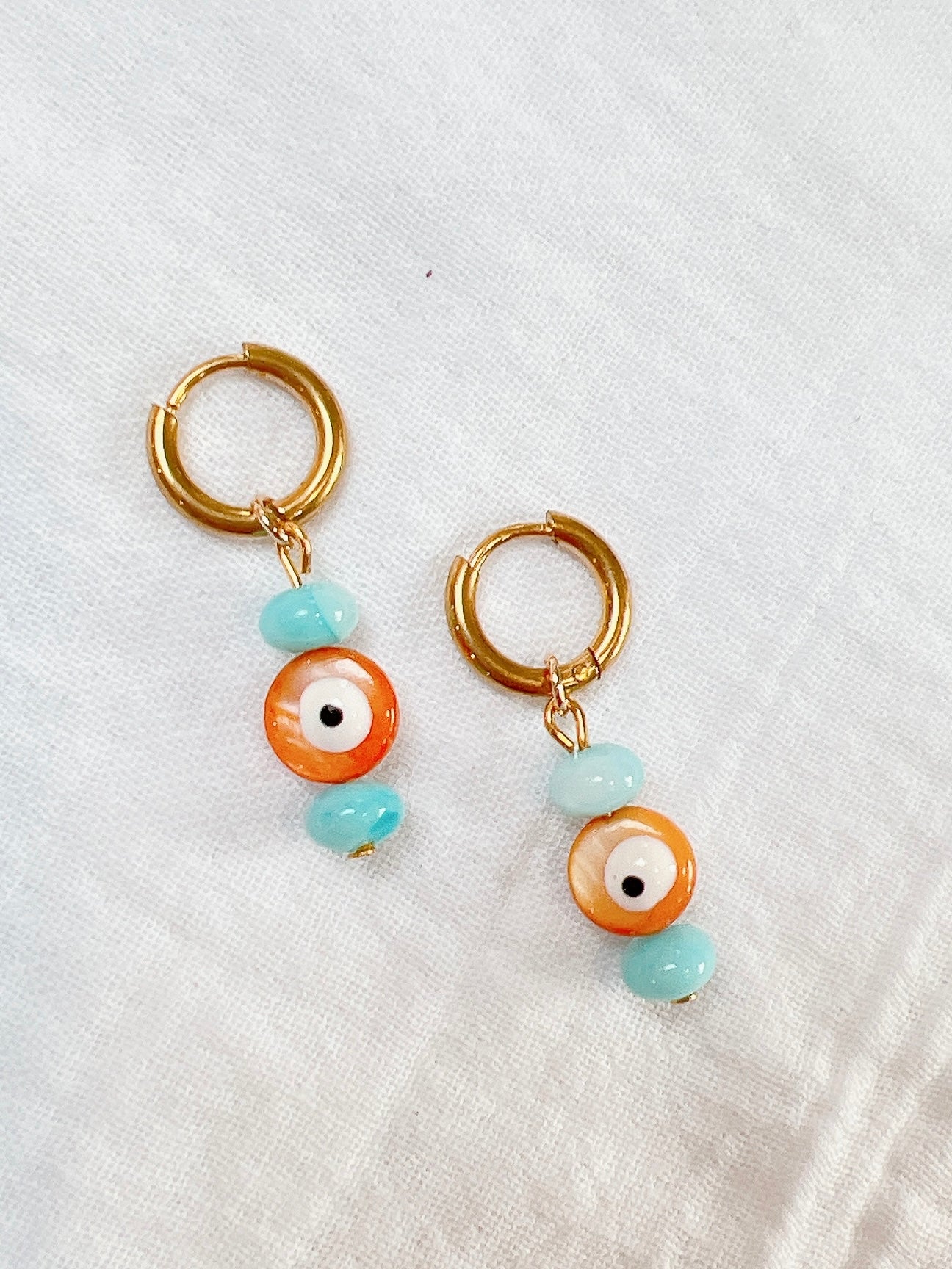 “Googly Eye” - Turquoise and Orange on Gold Huggie Hoops