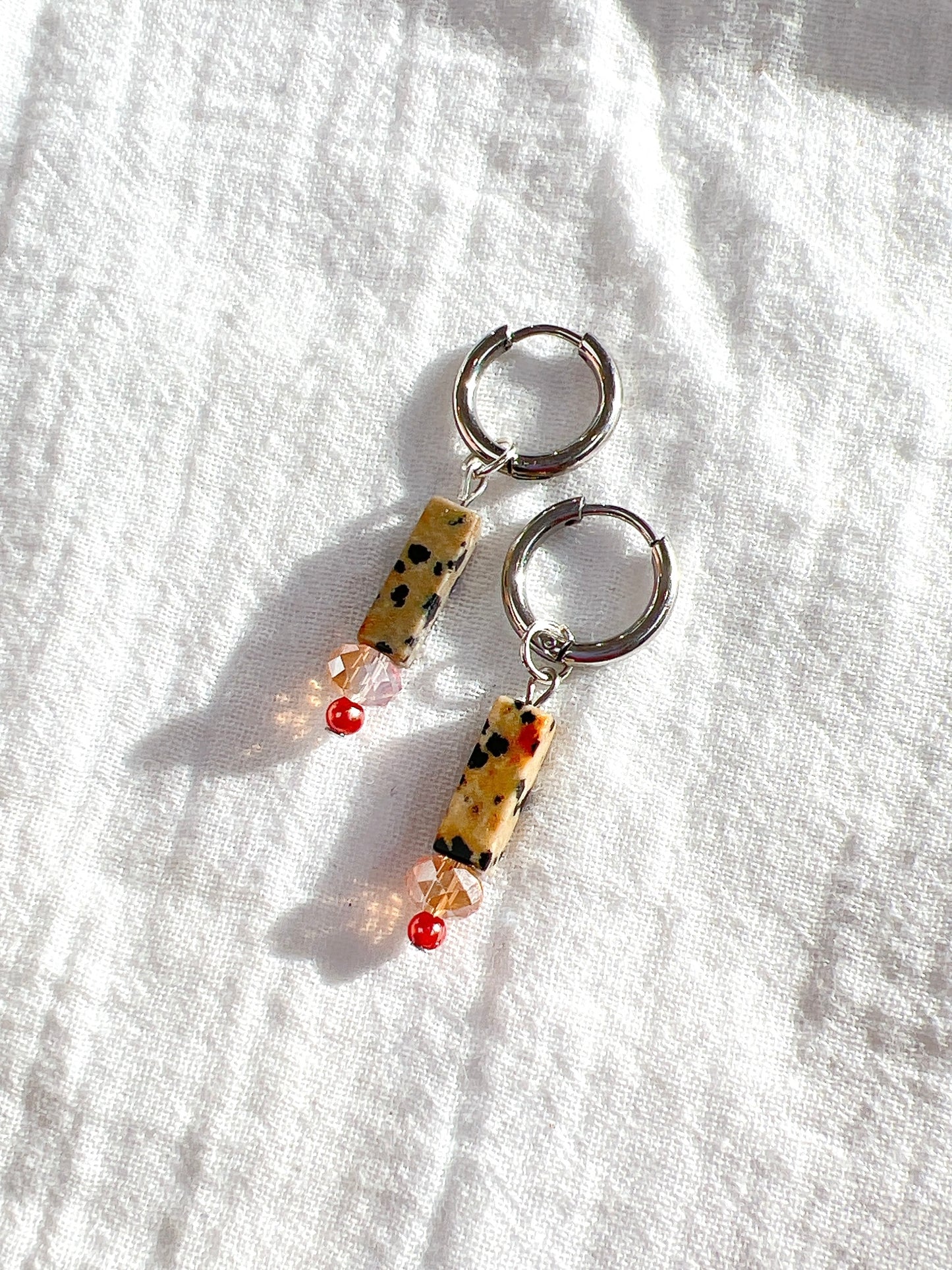 Dalmatian Jasper Natural Stone on Silver Hoop Earrings