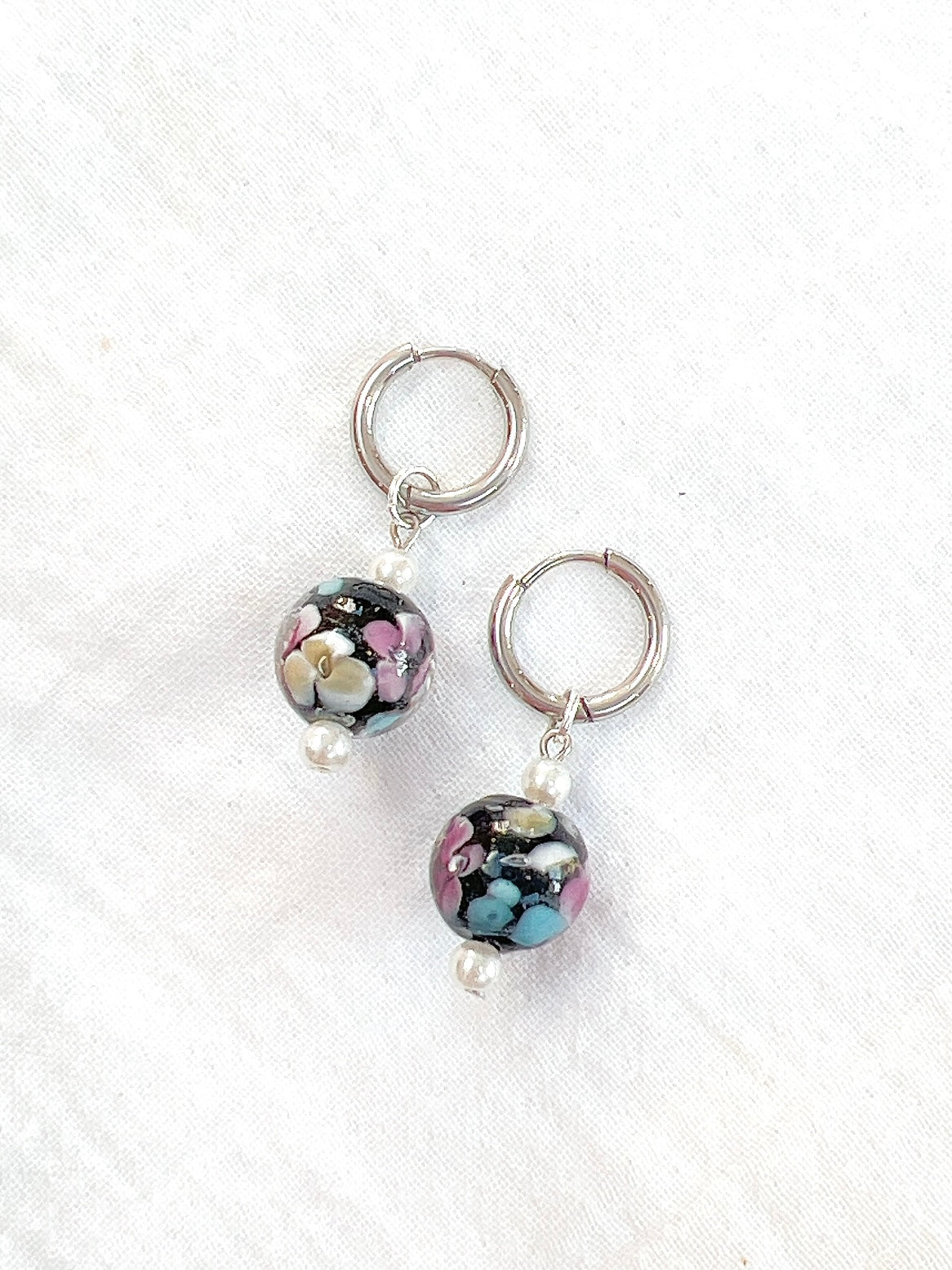 “Femme Dark” - Floral Glass Charm on Huggie Hoops