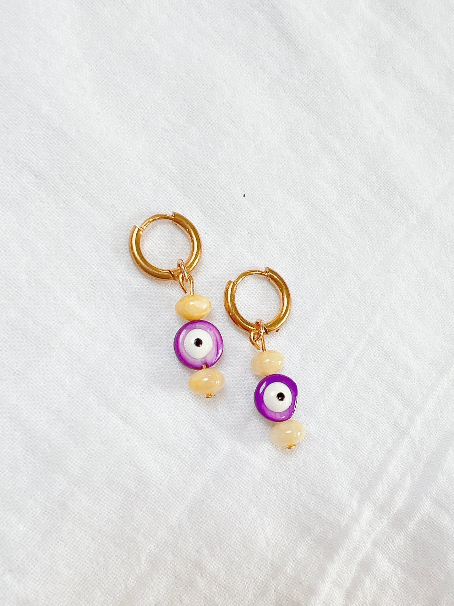 “Googly Eye” - Yellow and Purple on Gold Huggie Hoops