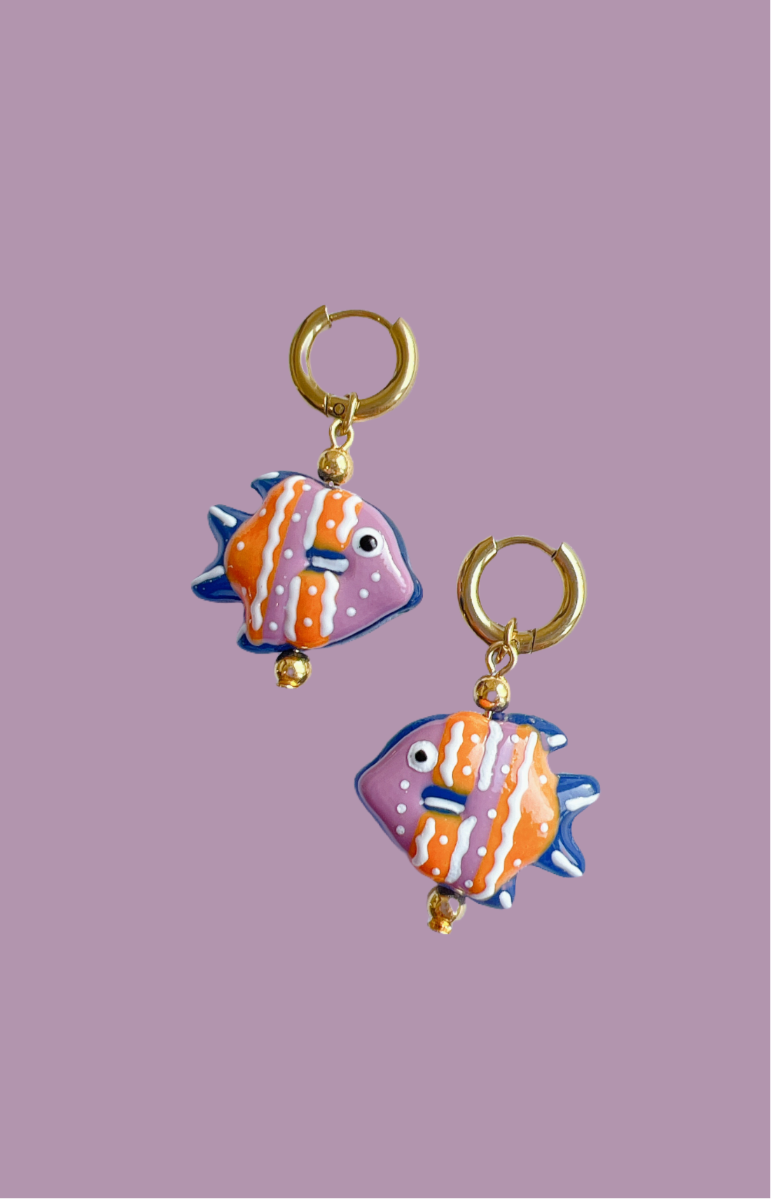 “Something Fishy” - Fish Earrings in Pink and Blue in a Gold Huggie Hoop