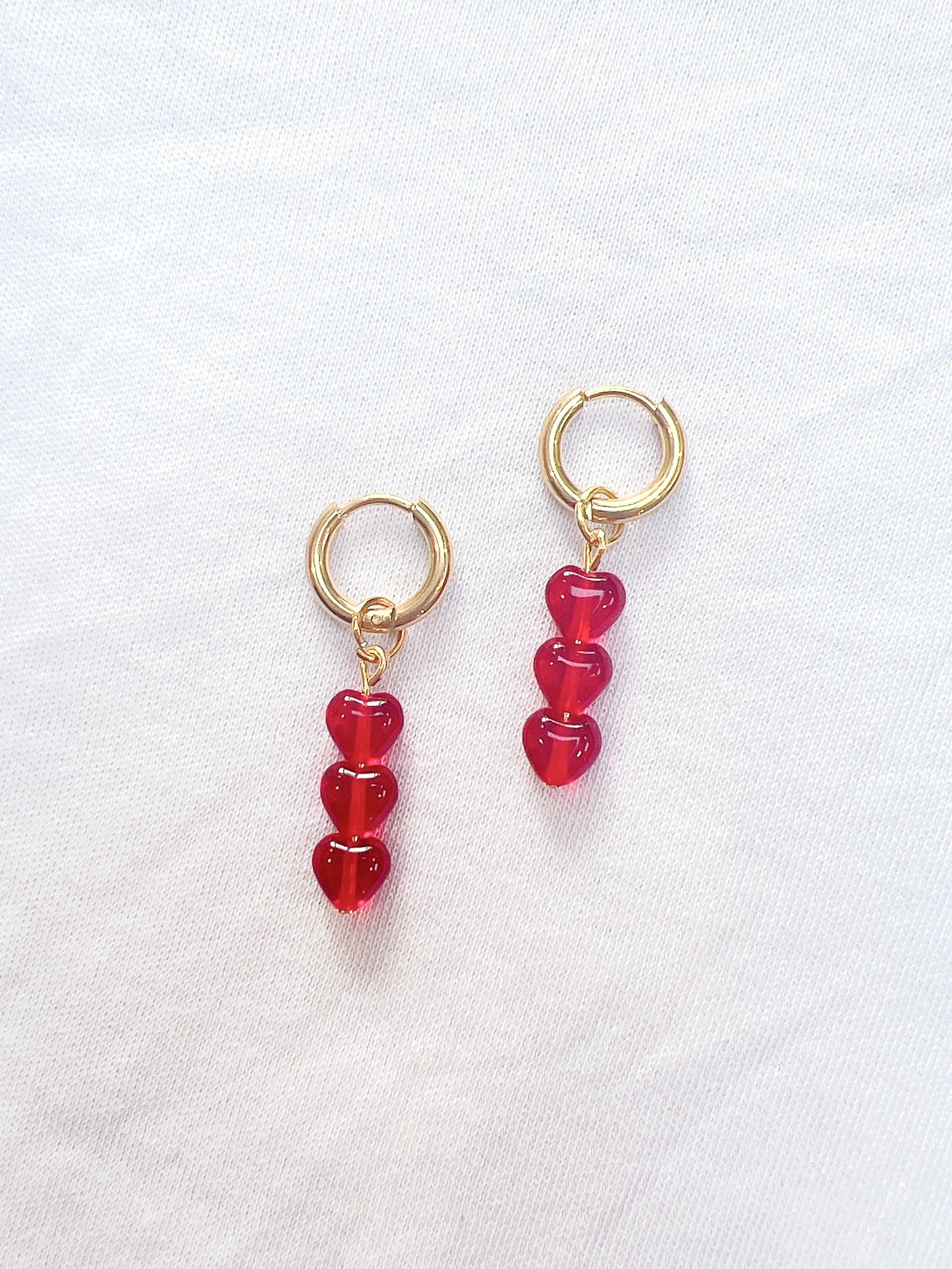 Triple Red Glass Heart- Gold Hoops