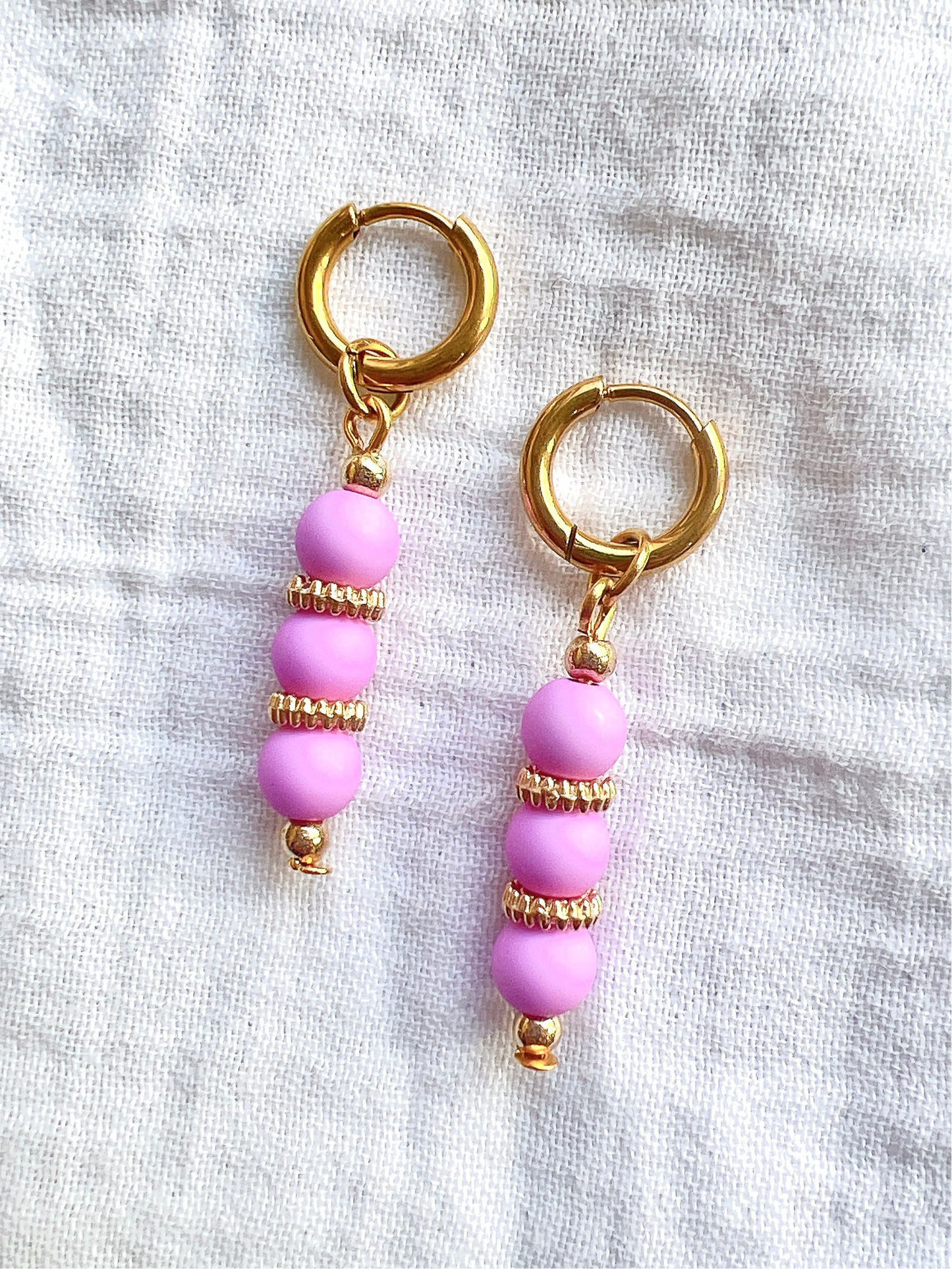 “Gracie” - Pink Beaded Drop Earrings On a Gold Hoop