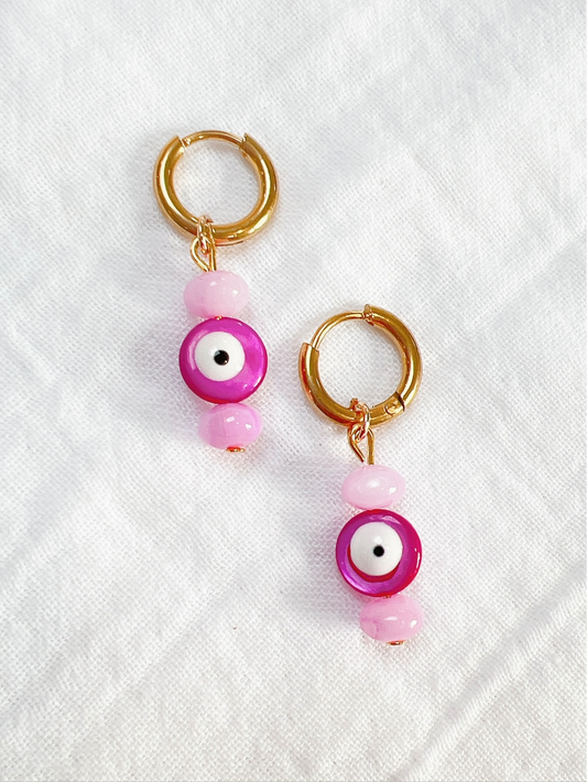 “Googly Eye” - Pink and Pink, on Gold Huggie Hoops