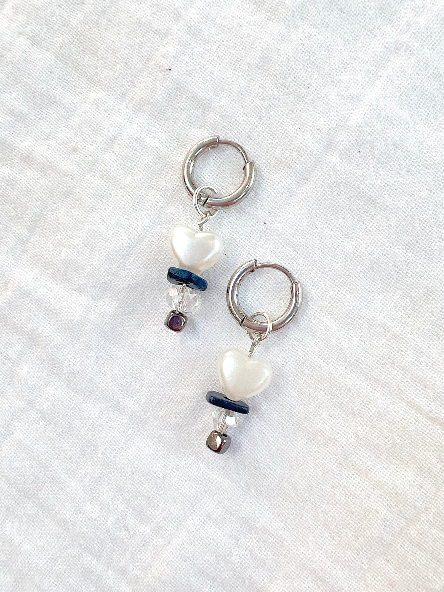 Faux Pearl Hearts on Silver Hoops