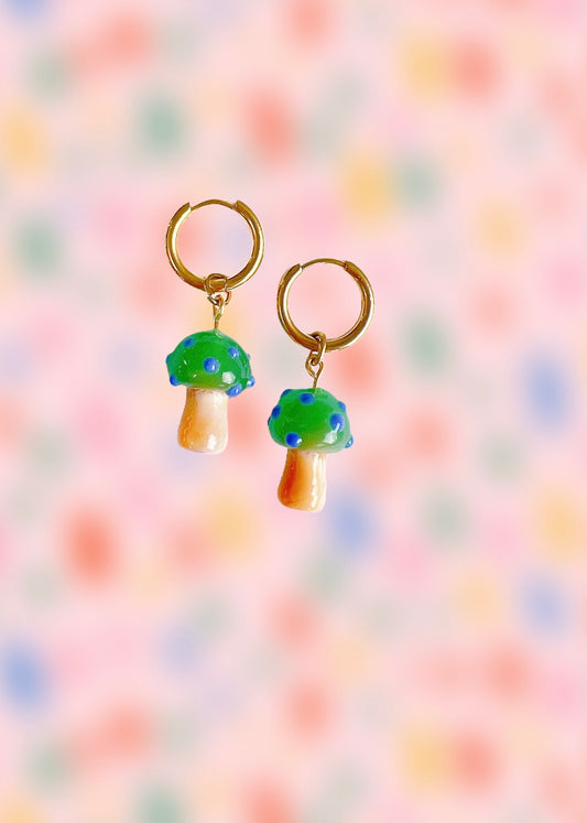 Dreamy Green Mushroom Gold Hoop Earrings