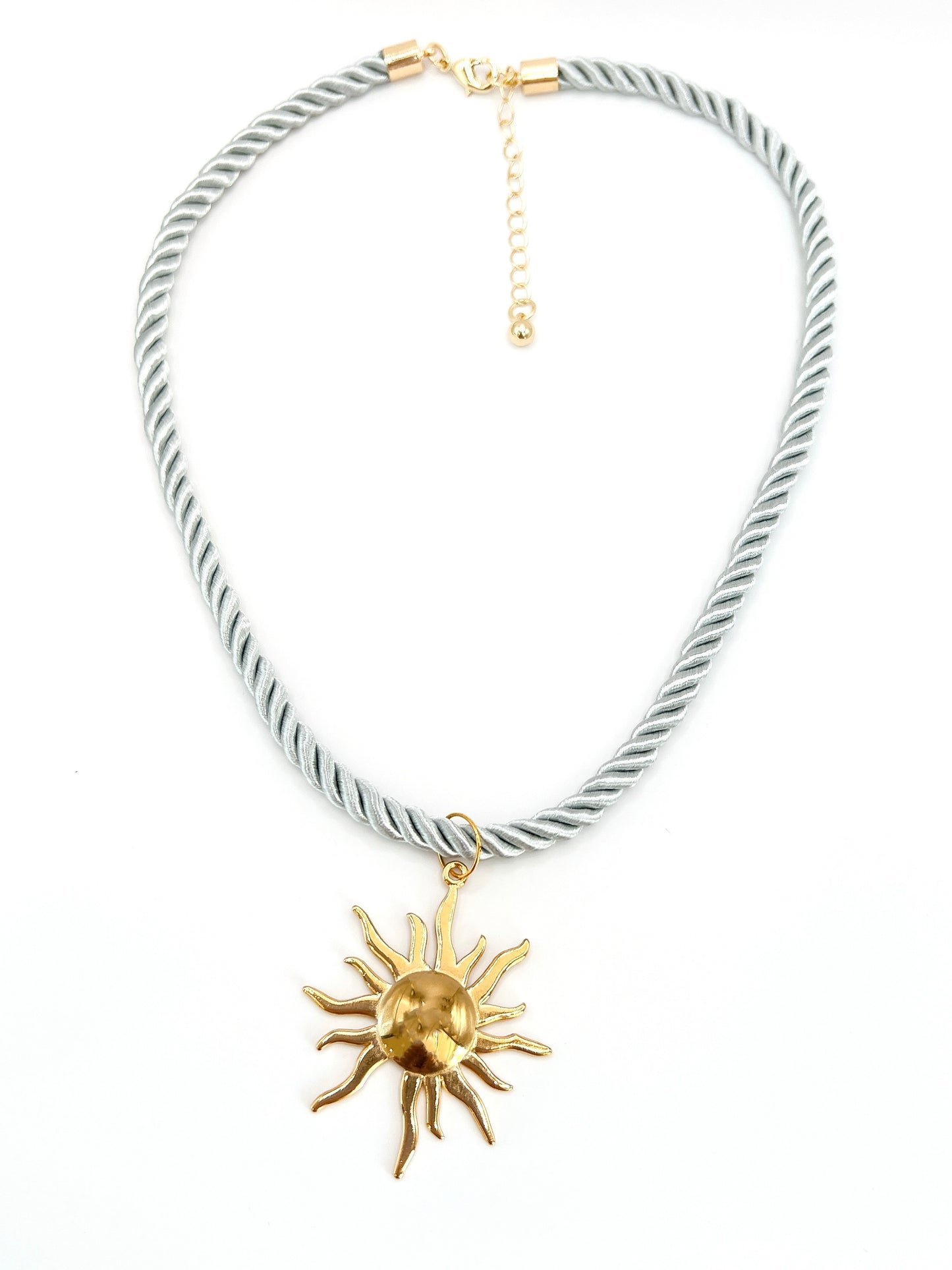 “Luxe Twist” - Cotton Silk Rope Necklace in Grey with Stainless Steel Sun Charm