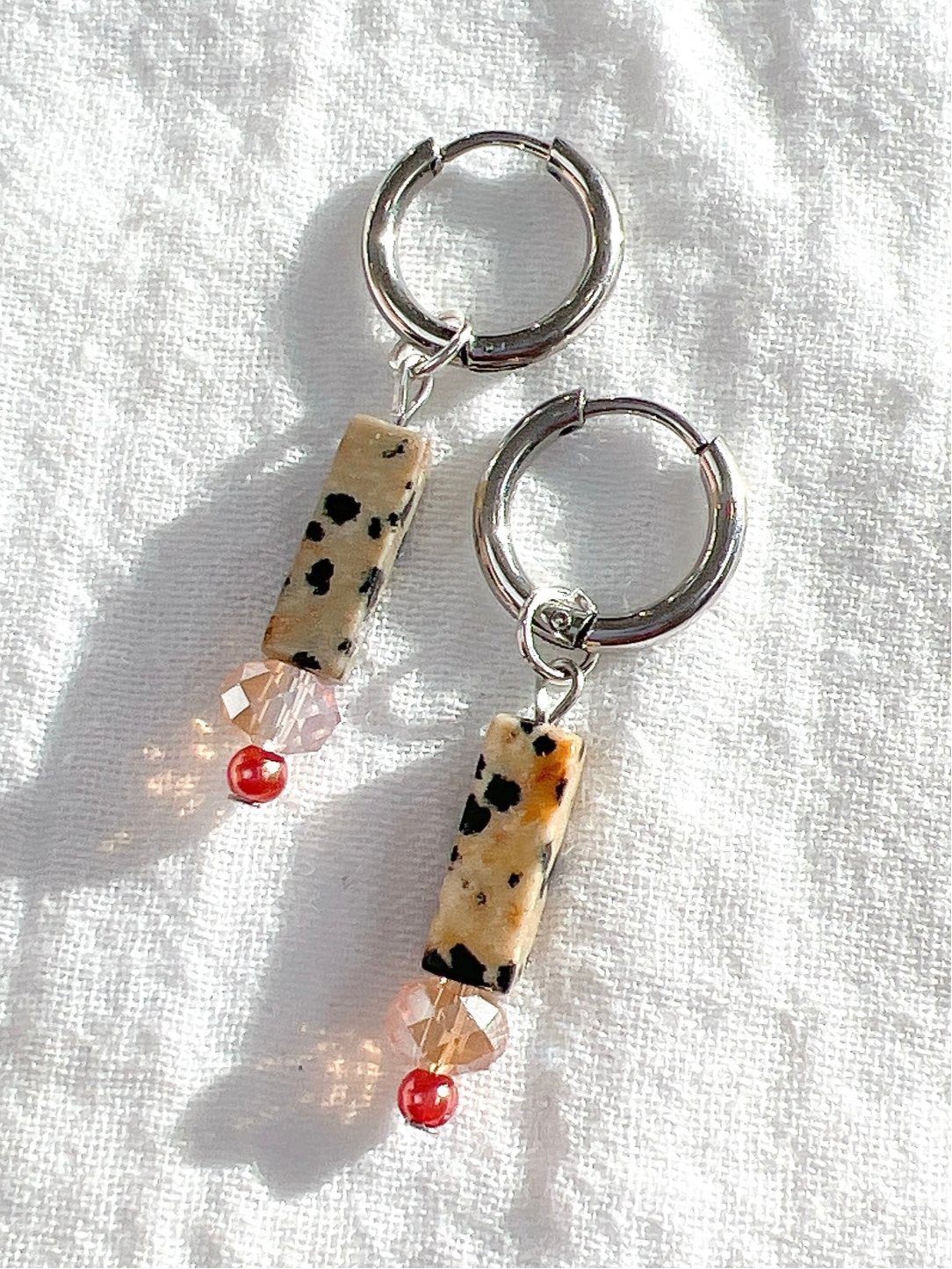 Dalmatian Jasper Natural Stone on Silver Hoop Earrings