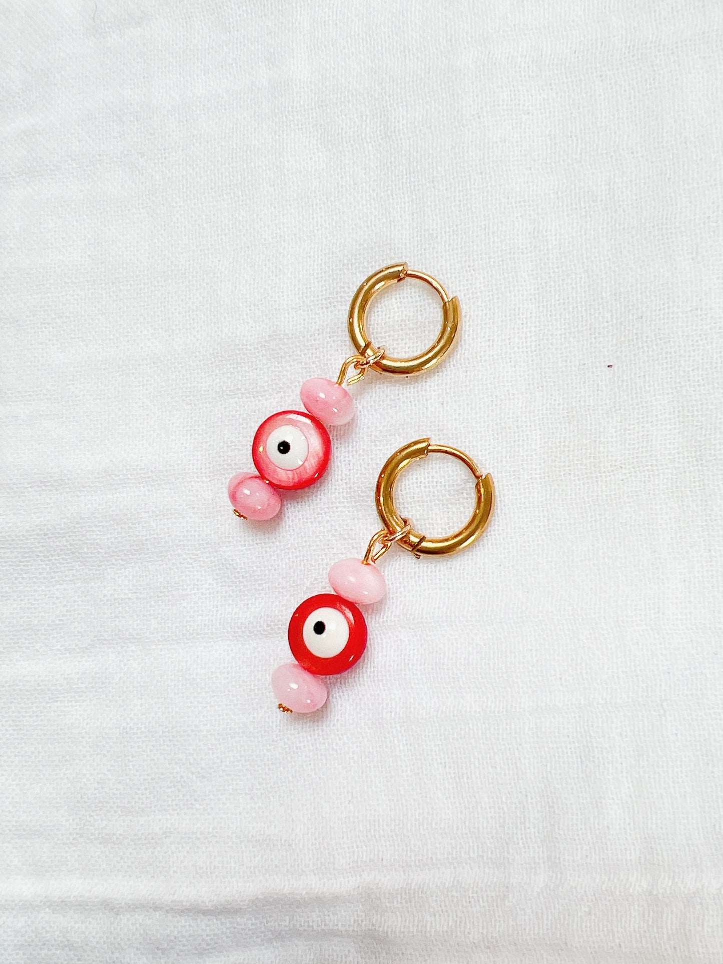 “Googly Eye” - Pink and Red, on Gold Huggie Hoops