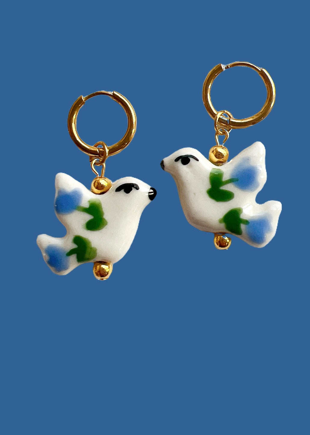 “Porcelain Doves” - Gold Hoop Earrings