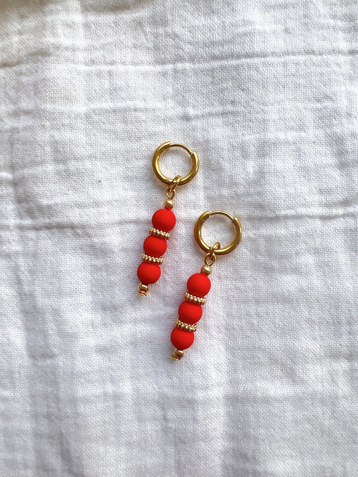 “Gracie” - Red Beaded Drop Earrings On a Gold Hoop