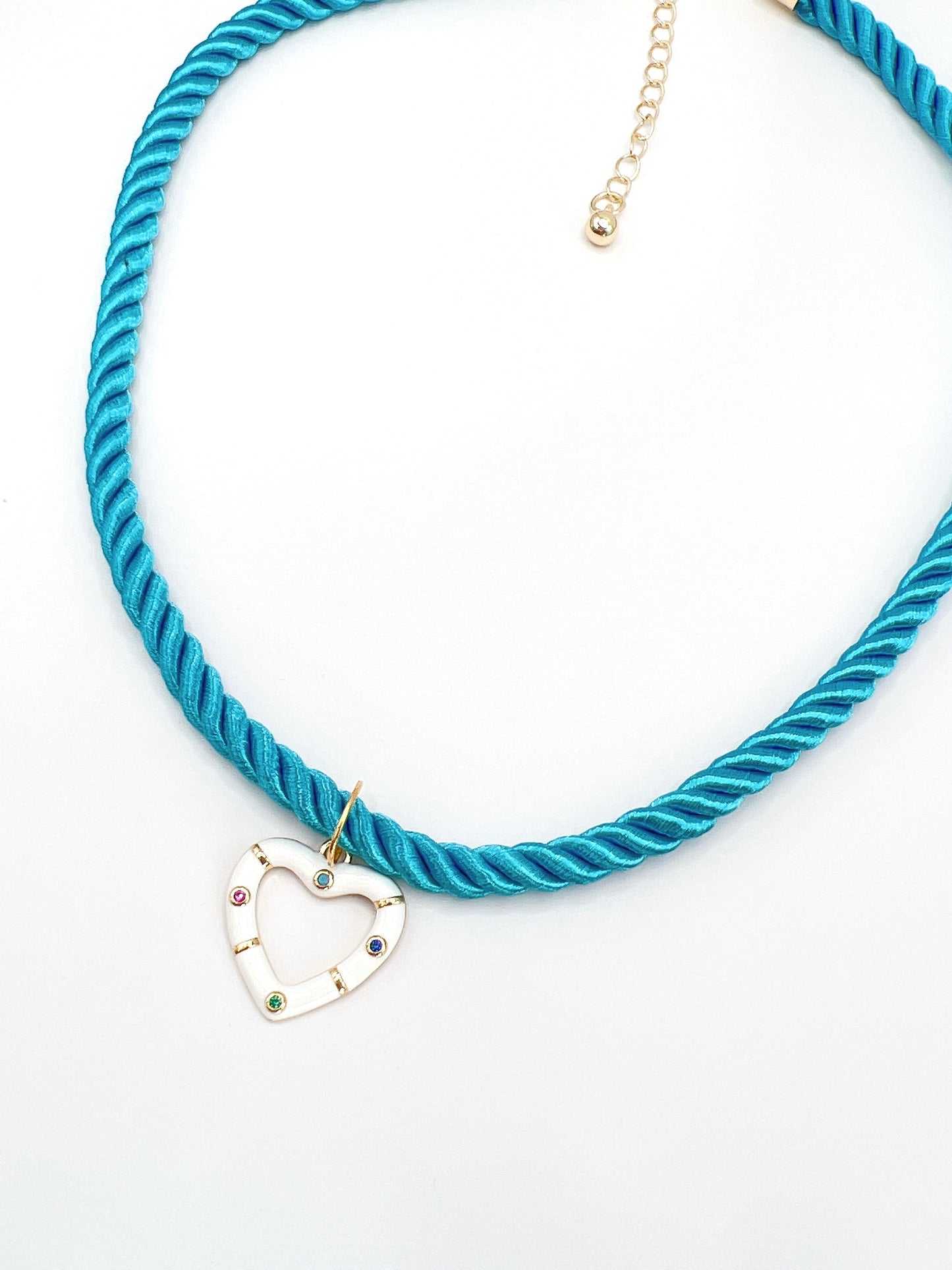 “Luxe Twist” - Cotton Silk Rope Necklace in Blue with White Enamel Heart Charm