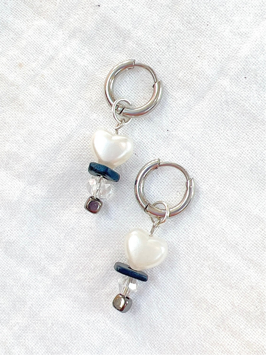 Faux Pearl Hearts on Silver Hoops