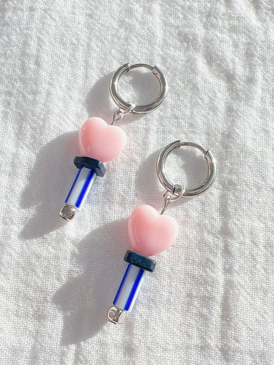 “Candy Pop” Pink Hearts - Silver Hoops