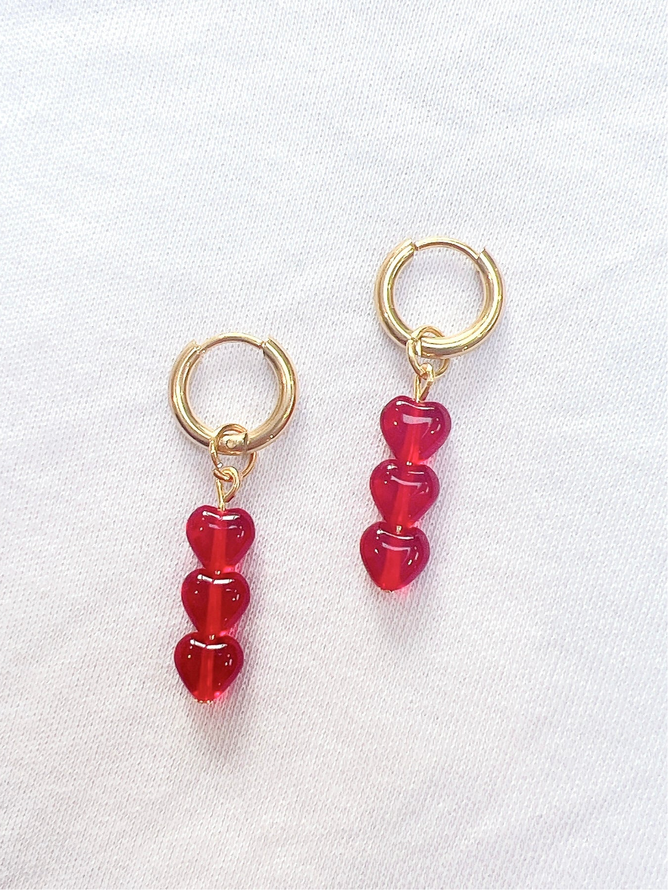 Triple Red Glass Heart- Gold Hoops