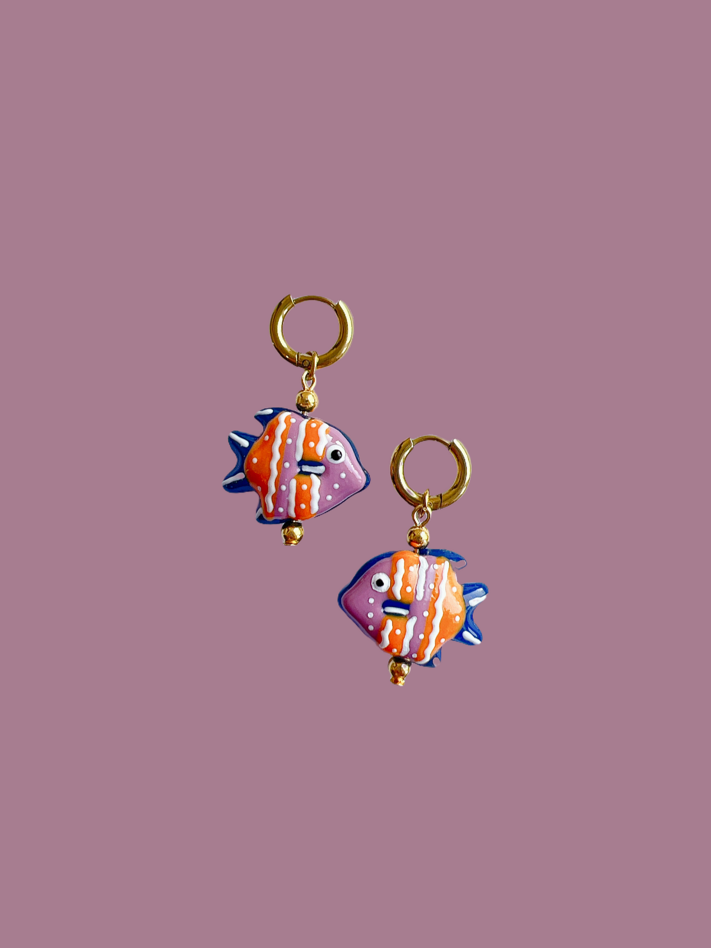 “Something Fishy” - Fish Earrings in Pink and Blue in a Gold Huggie Hoop