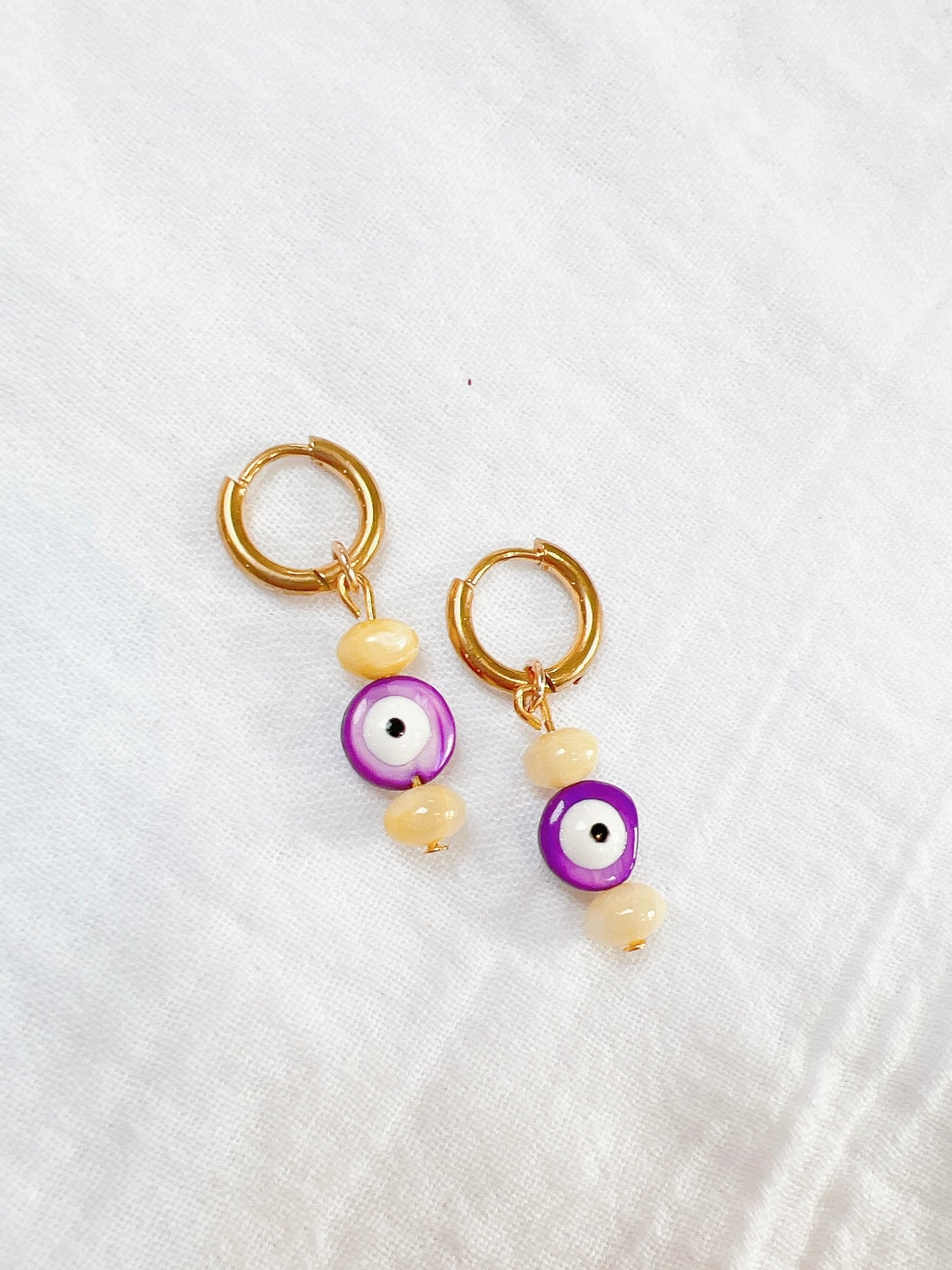 “Googly Eye” - Yellow and Purple on Gold Huggie Hoops