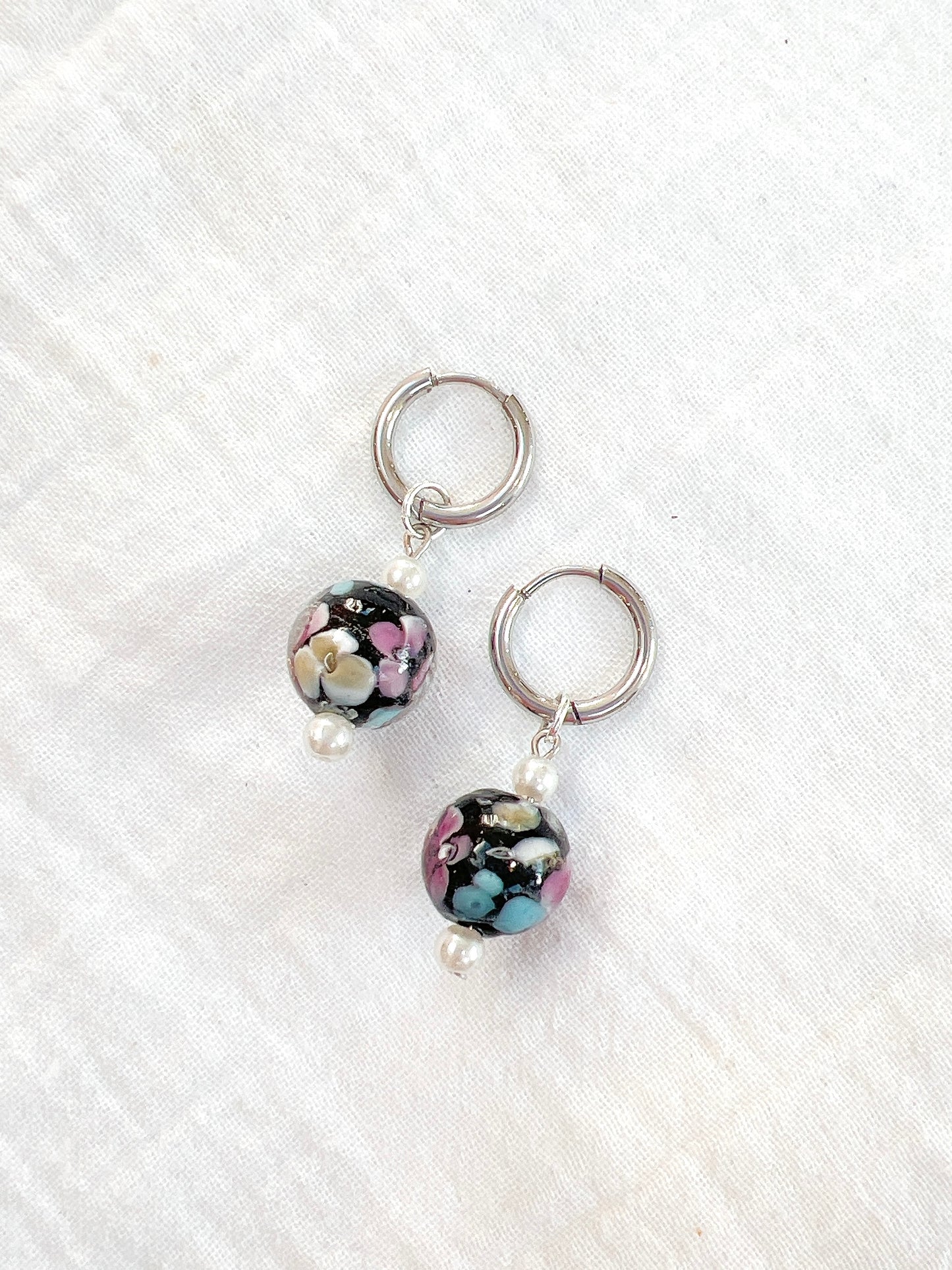 “Femme Dark” - Floral Glass Charm on Huggie Hoops