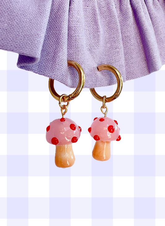 Dreamy Pink Mushroom Gold Hoop Earrings