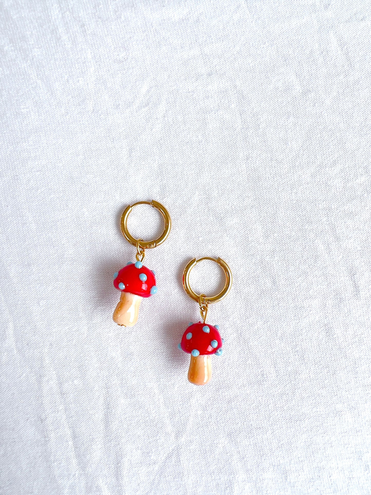 Dreamy Red Mushroom Gold Hoop Earrings