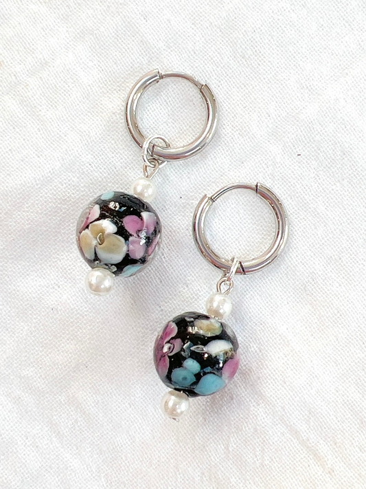 “Femme Dark” - Floral Glass Charm on Huggie Hoops