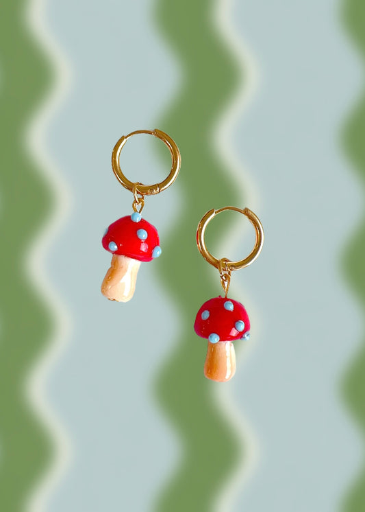 Dreamy Red Mushroom Gold Hoop Earrings