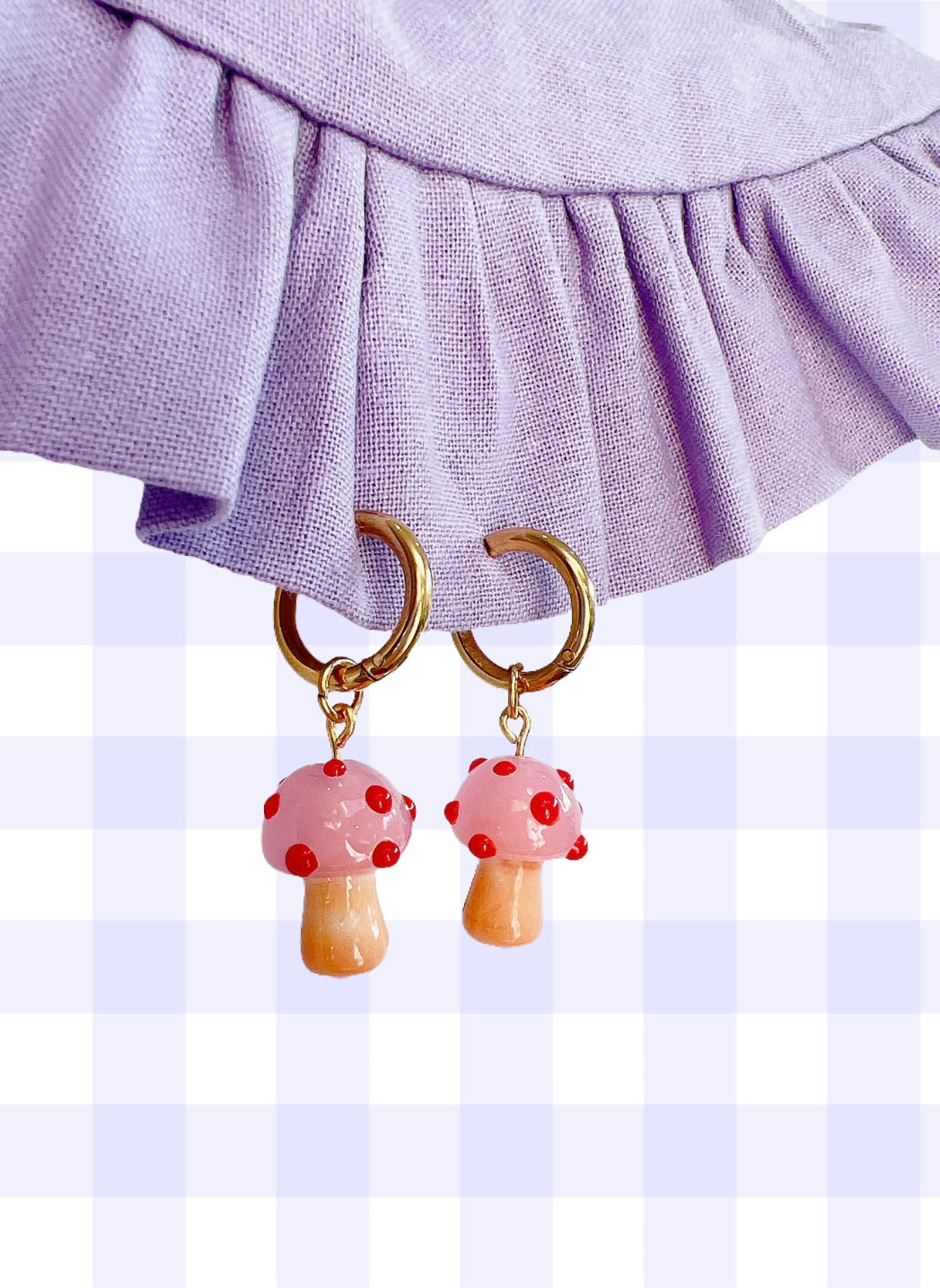 Dreamy Pink Mushroom Gold Hoop Earrings