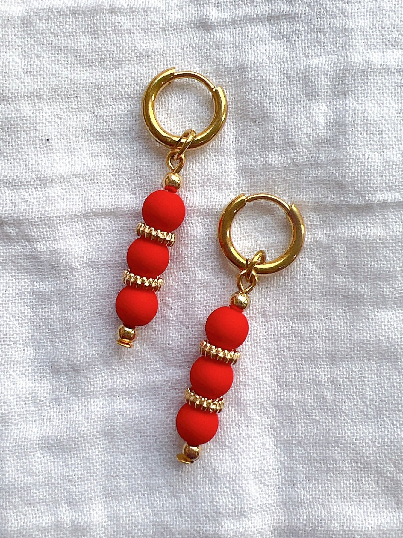 “Gracie” - Red Beaded Drop Earrings On a Gold Hoop