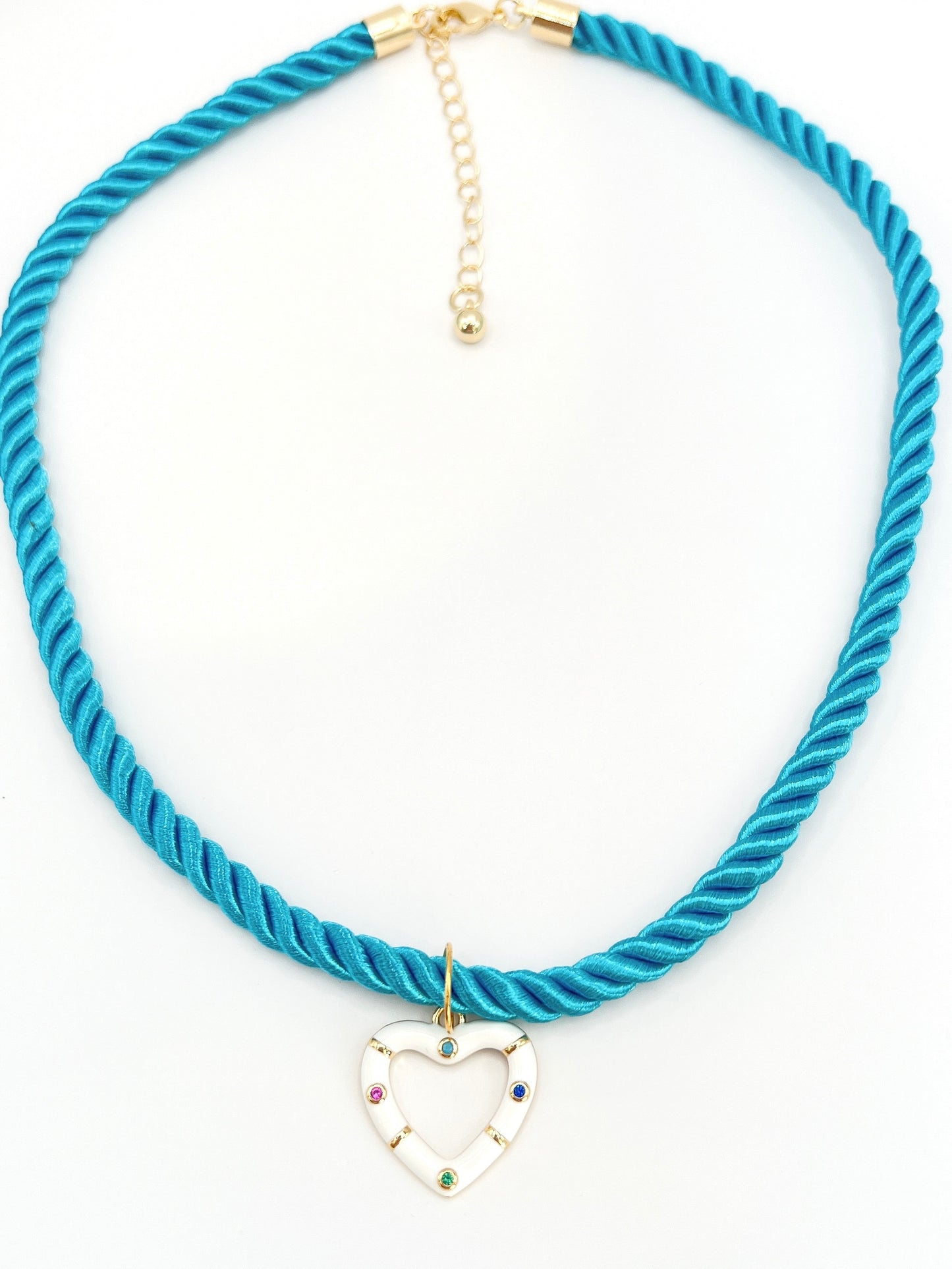 “Luxe Twist” - Cotton Silk Rope Necklace in Blue with White Enamel Heart Charm