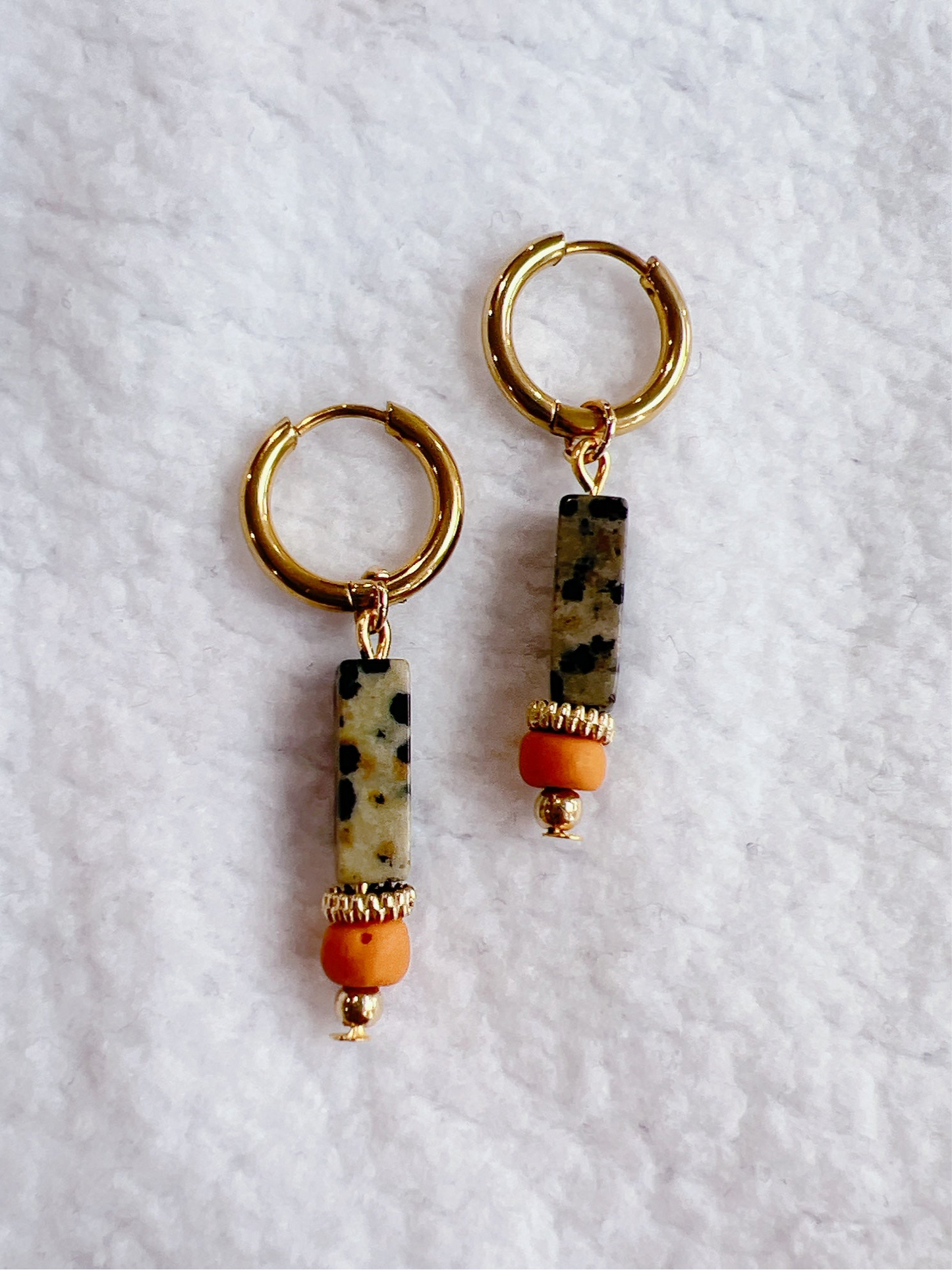 Dalmatian Jasper Natural Stone on Gold Hoop Earrings