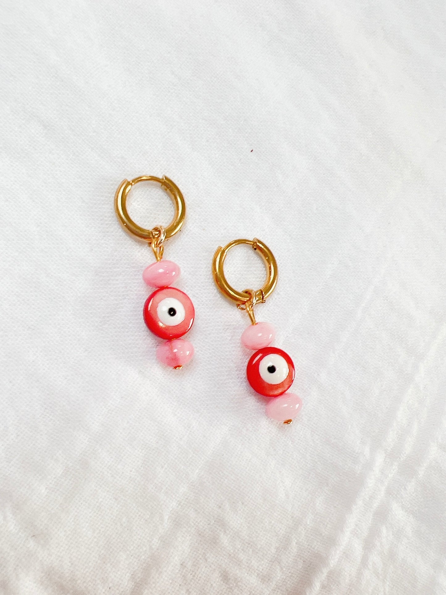 “Googly Eye” - Pink and Red, on Gold Huggie Hoops