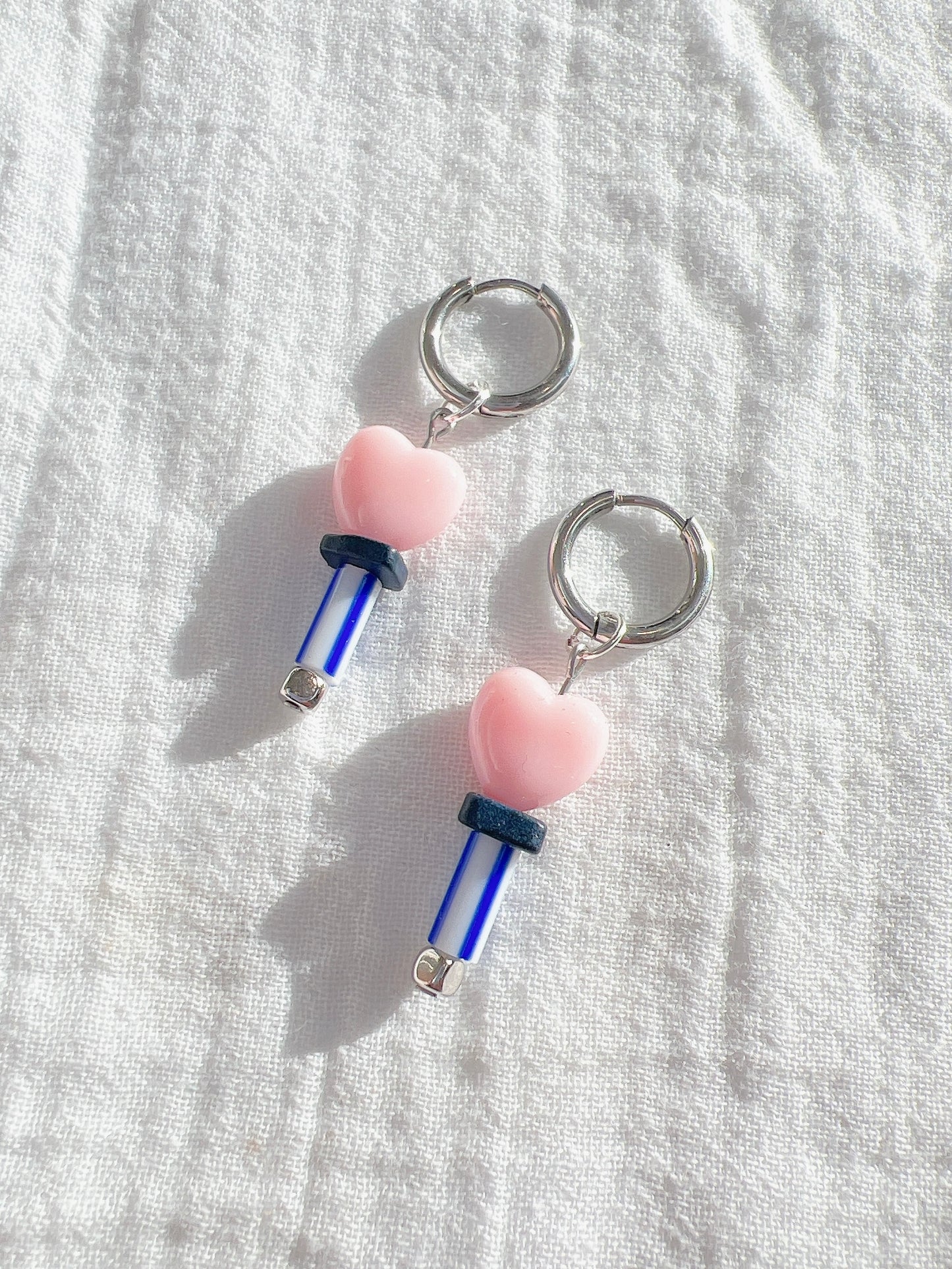 “Candy Pop” Pink Hearts - Silver Hoops